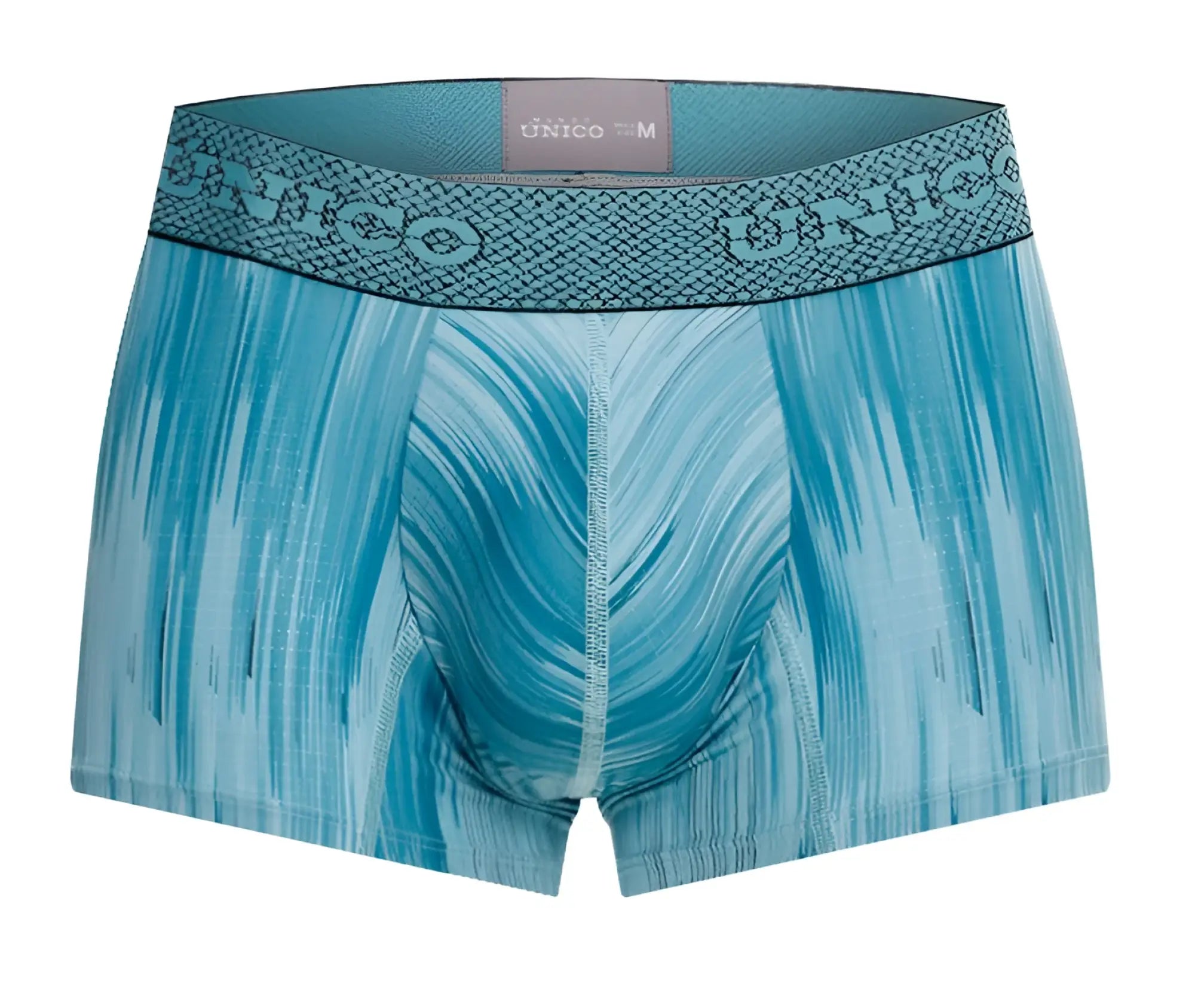 Blue patterned men’s boxer briefs with textured waistband featuring unico brand logo in color 43 blue