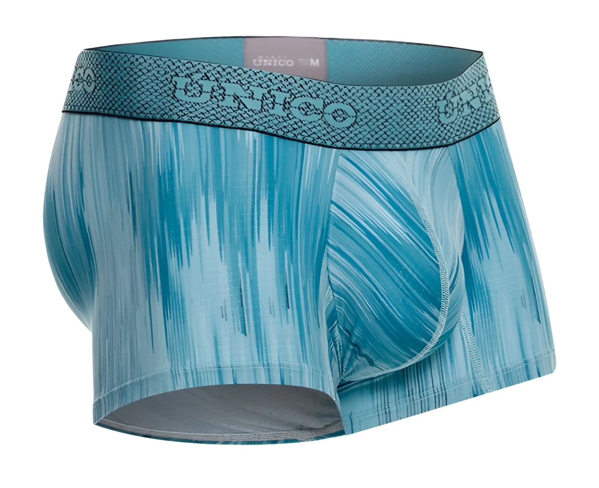 Men’s teal and light blue unico 24080100112 hilada trunks with abstract pattern and textured waistband logo