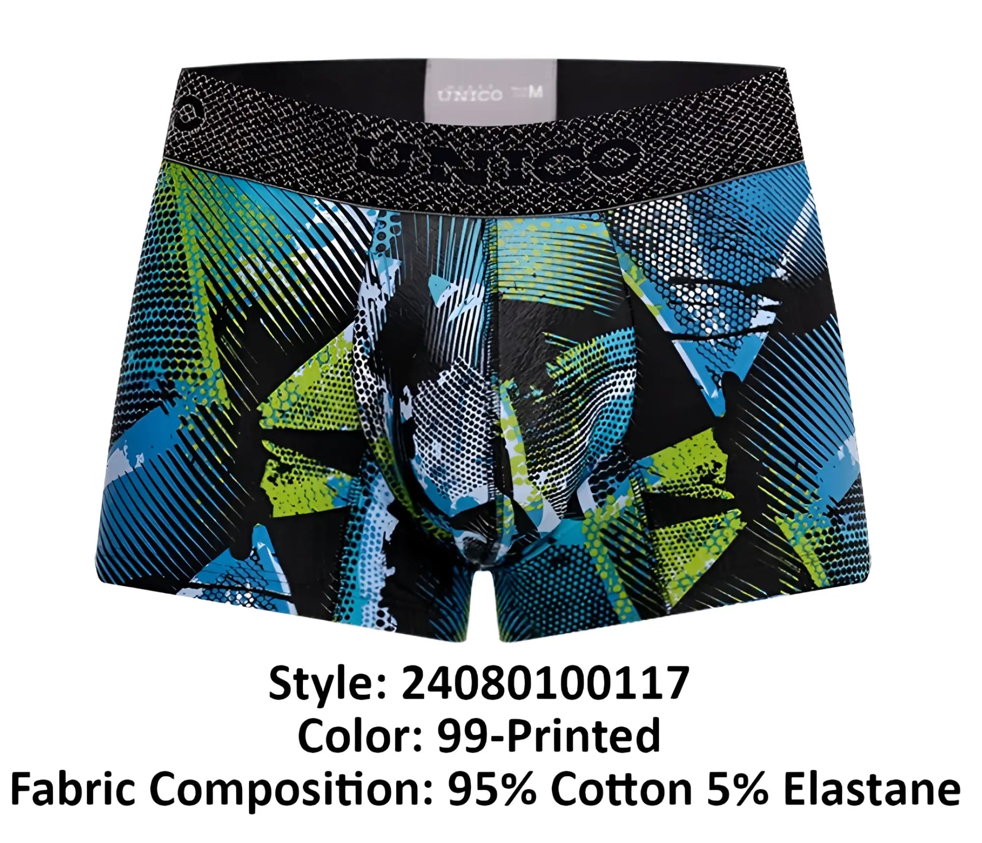 Black blue and lime green abstract patterned Unico 24080100117 Trino trunks with textured waistband logo