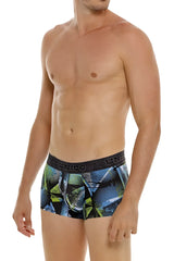 Blue and green geometric patterned men’s boxer briefs with black unico waistband from unico 24080100117 trino trunks
