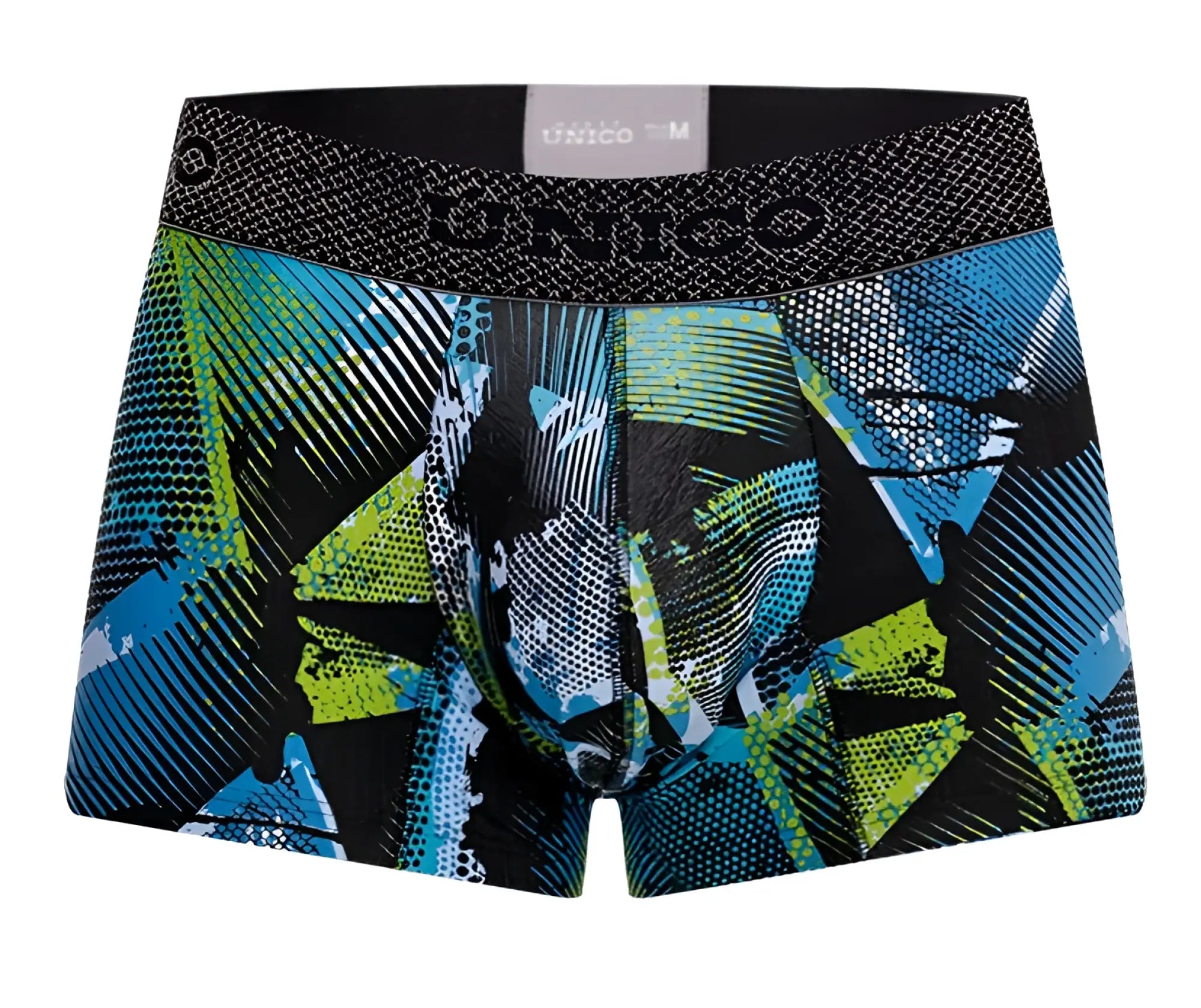 Unico men’s boxer briefs in blue and green geometric print with black waistband model 24080100117 trino trunks color 99 printed