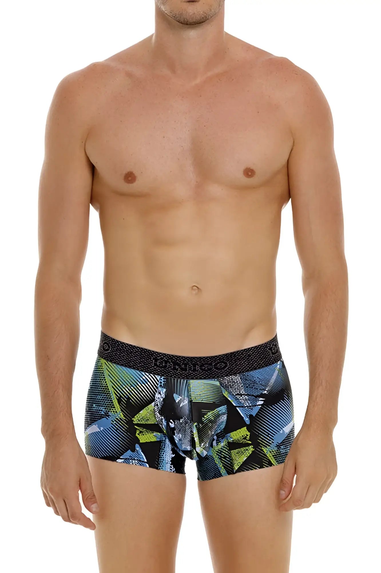 Unico 24080100117 Trino trunks men’s boxer briefs with blue and green geometric pattern and black waistband
