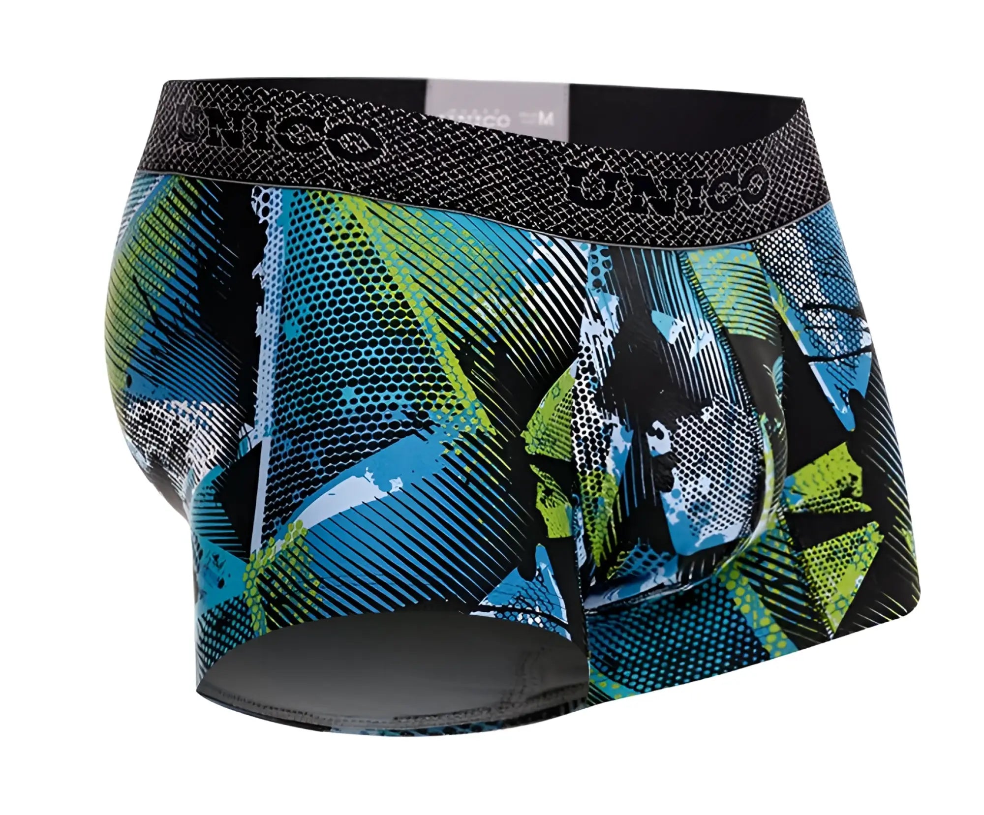 Unico 24080100117 Trino trunks men’s boxer briefs with bold teal lime green abstract print and textured waistband