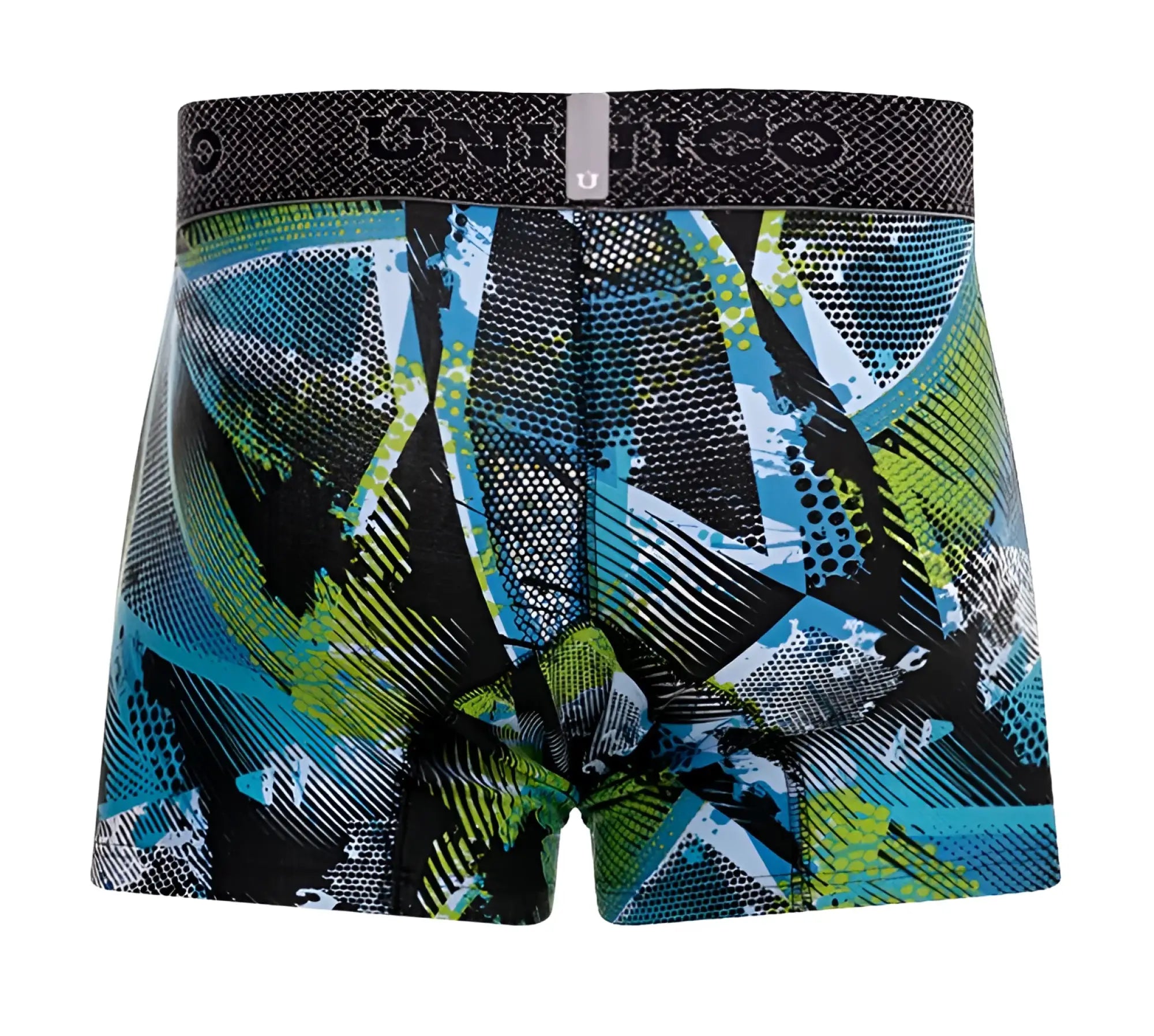 Graphite-colored Unico 24080100117 Trino trunks boxer briefs with bold blue and lime green abstract pattern