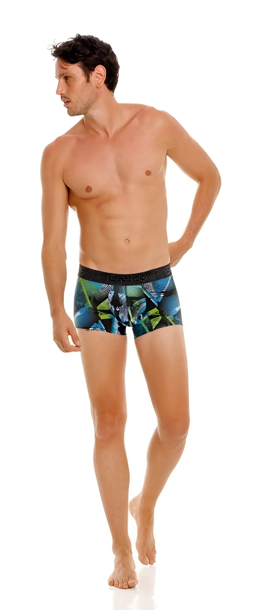 Men’s unico 24080100117 trino trunks boxer briefs with vibrant blue green and black geometric pattern front view