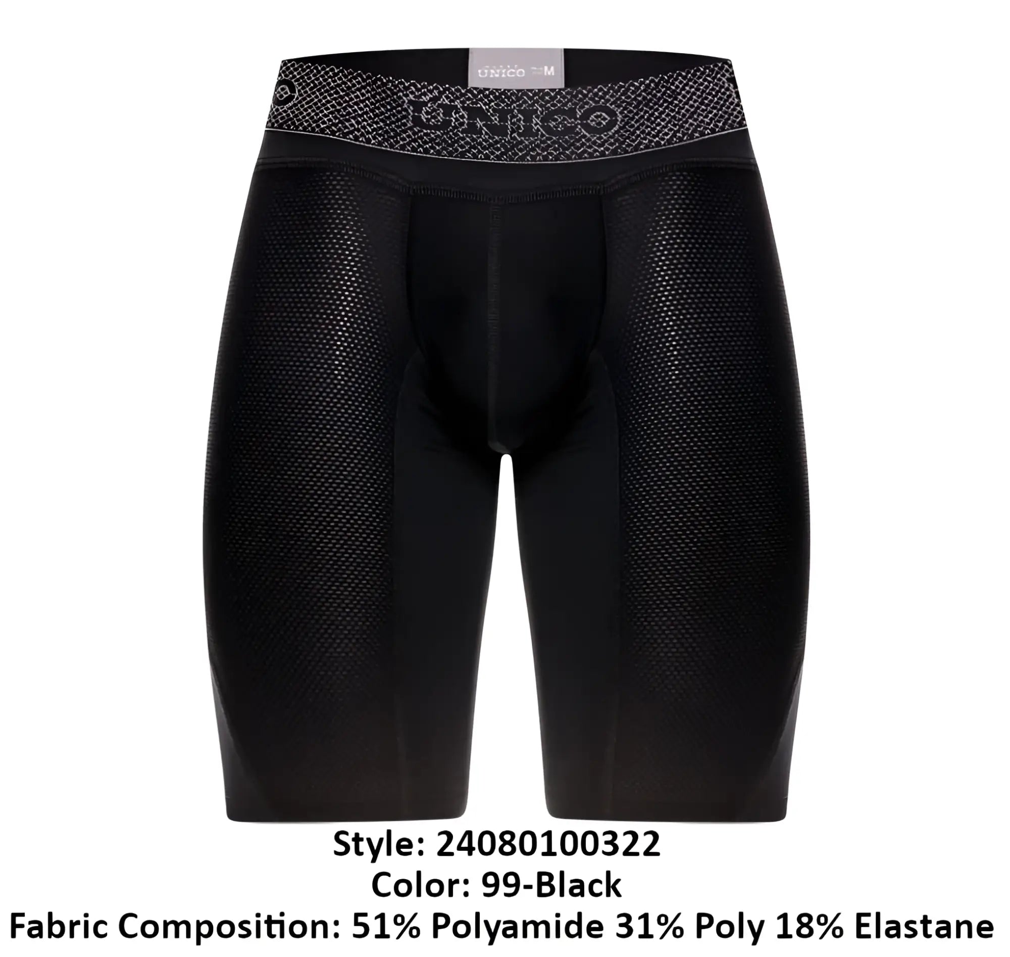 Black unico 24080100322 ardid boxer briefs featuring textured mesh fabric and patterned waistband