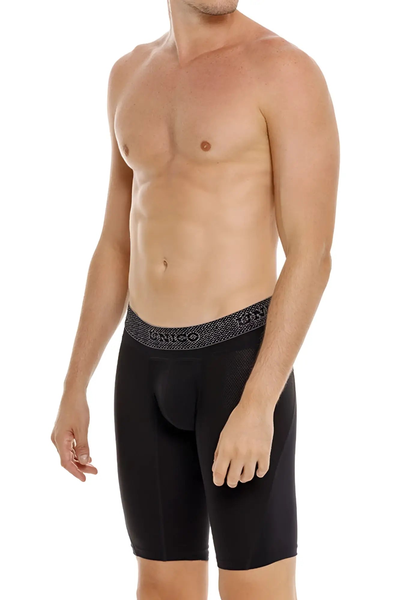 Black men’s unico ardid boxer briefs in black with patterned waistband featuring the unico brand name