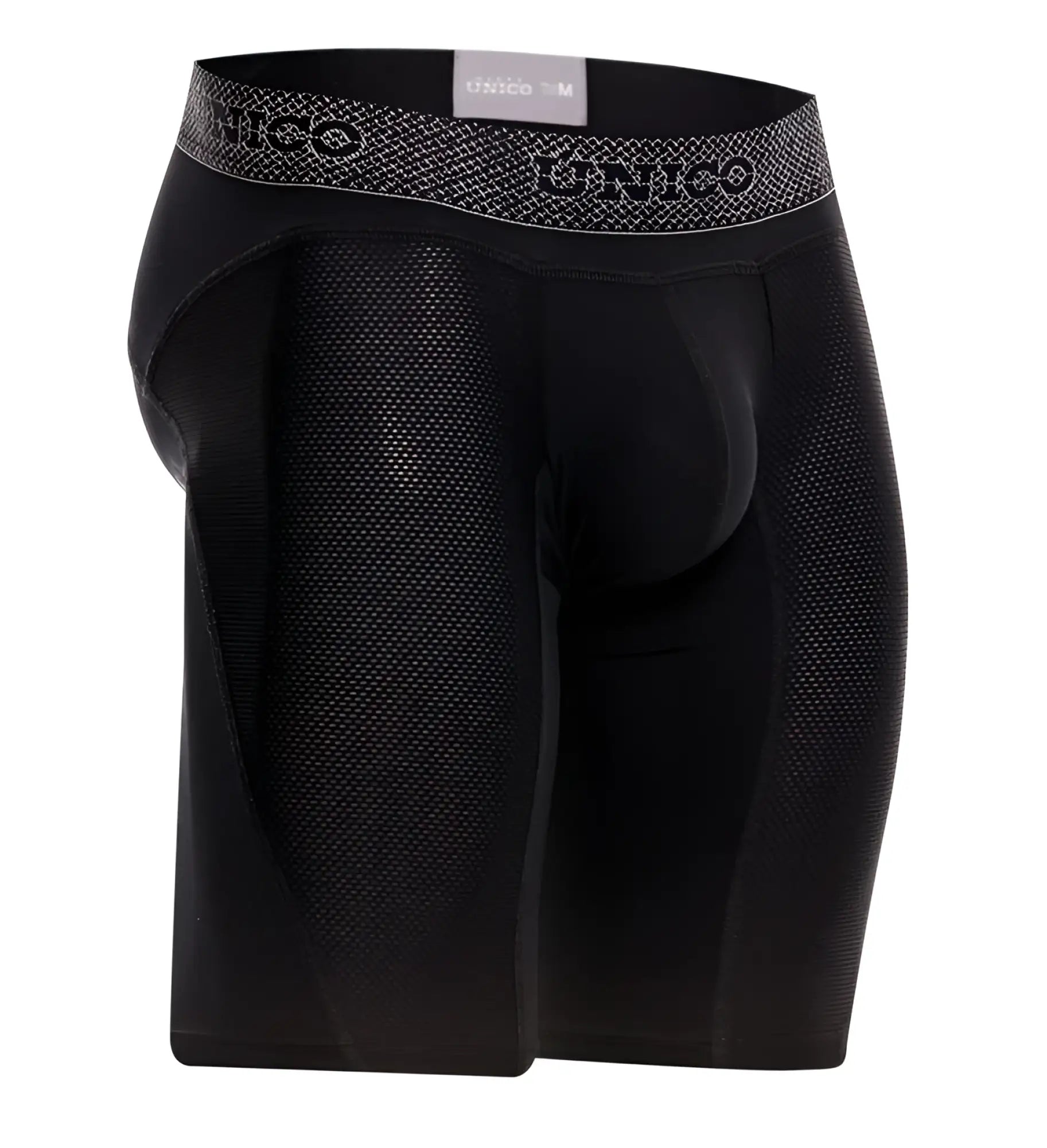 Unico 24080100322 Ardid black mesh boxer briefs with gray patterned waistband featuring Onico brand name
