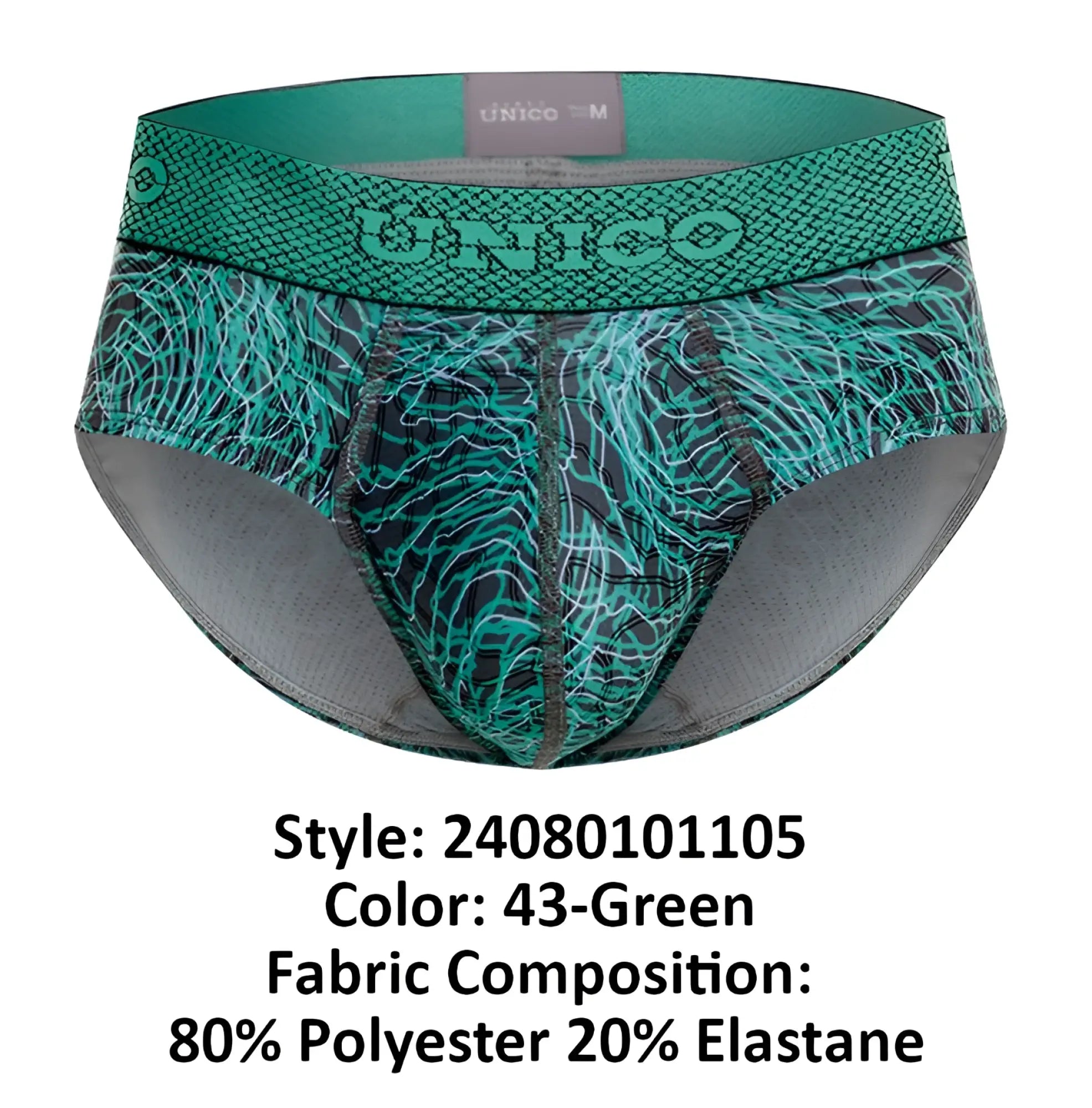 Teal and black unico 24080101105 cairel briefs with snake scale texture on waistband in green color