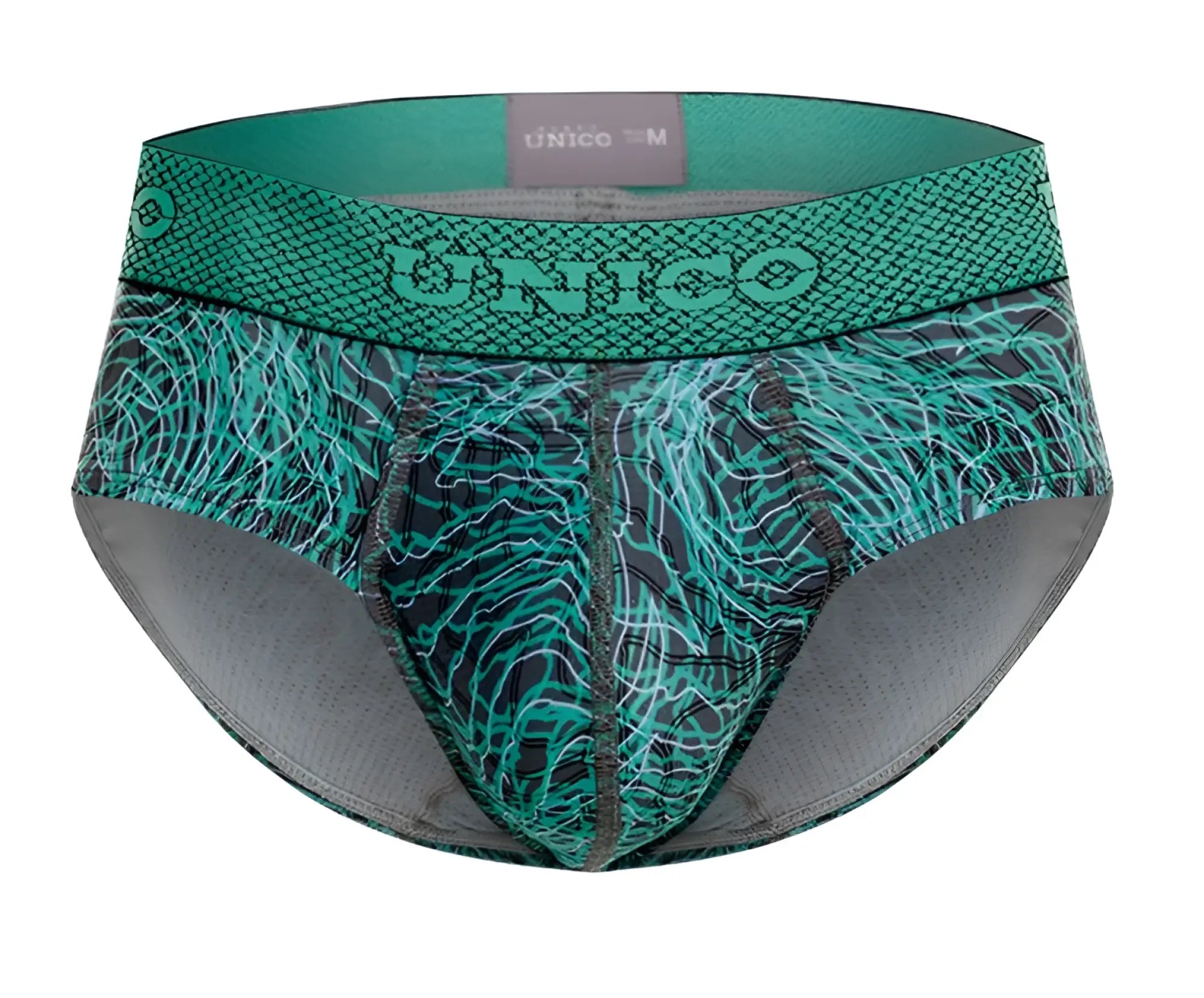 Teal and black unico 24080101105 cairel briefs with a textured web-like pattern on the front in green color
