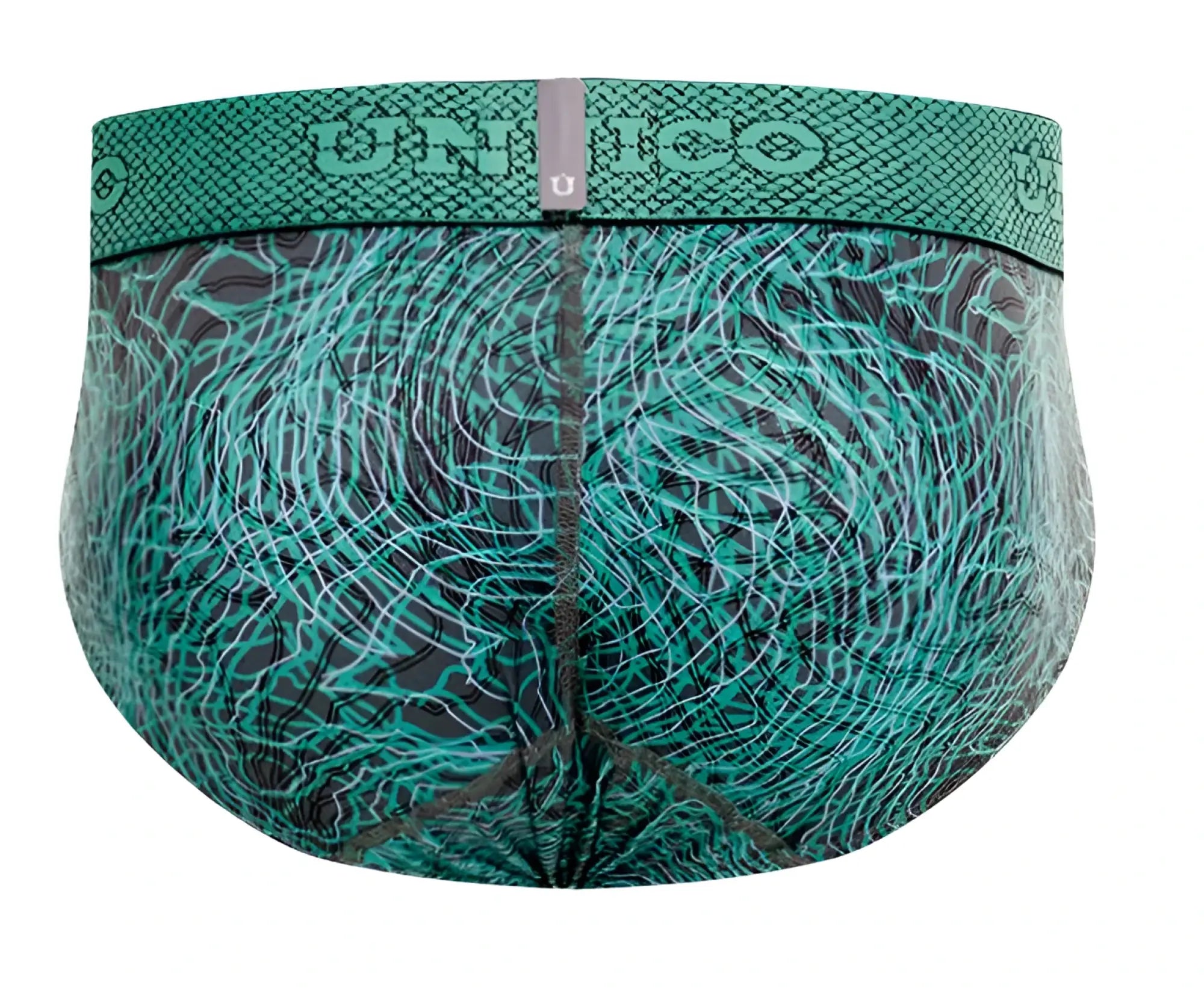 Teal and black patterned unico men’s briefs with a green snakeskin-textured waistband in the front view