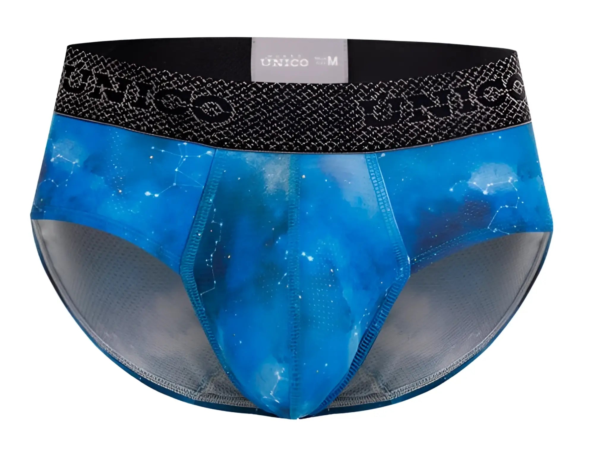 Blue cosmic-themed unico 24080101110 infinito briefs with black waistband and size label in color 46-blue