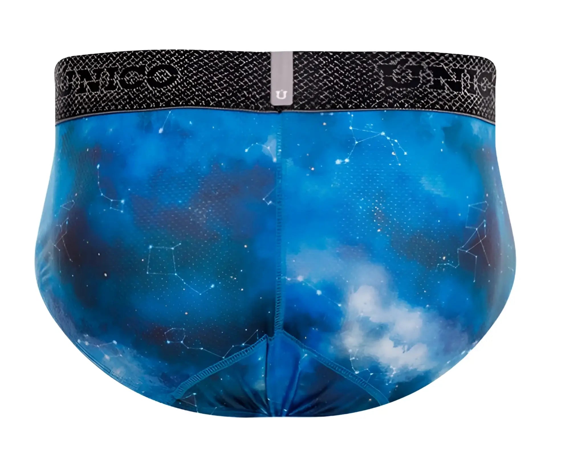Blue cosmic-themed unico 24080101110 infinito briefs with star constellations nebula patterns and black branded waistband