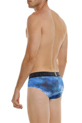 Blue galaxy-patterned unico 24080101110 infinito briefs with black elastic waistband featuring lanico brand name