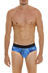 Blue galaxy-patterned men’s briefs with black elastic waistband featuring the Unico brand name in color 46-blue