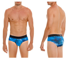Blue galaxy-patterned Unico 24080101110 Infinito briefs with black elastic waistband featuring brand name