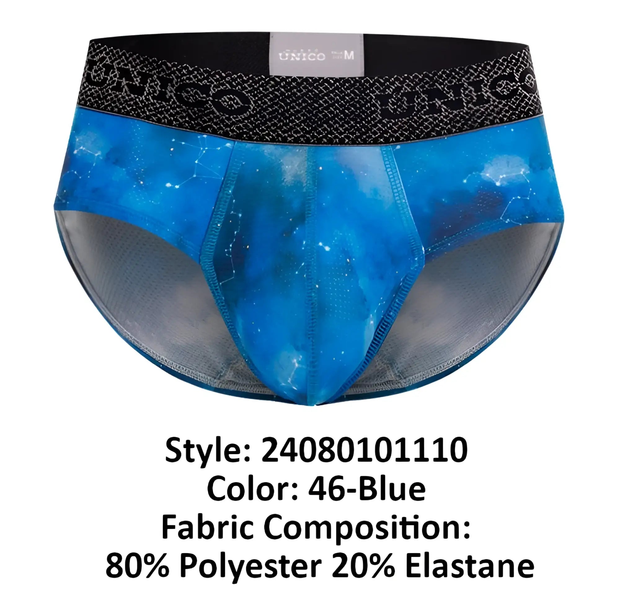 Blue galaxy-themed men’s briefs with black unico waistband in blue color from unico infinito 24080101110 series