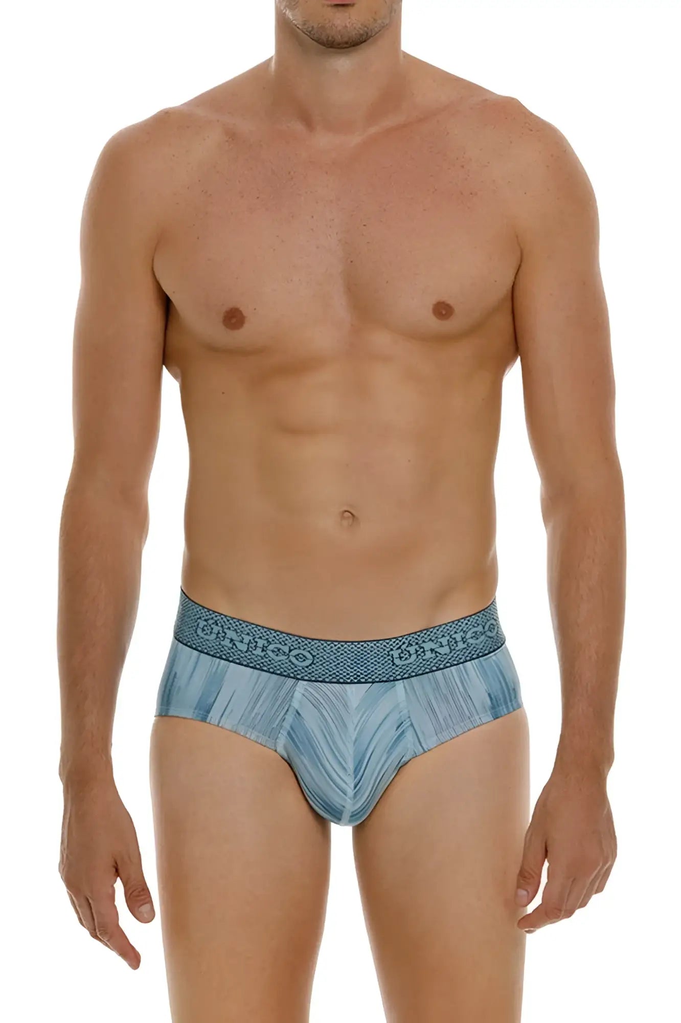 Blue patterned Unico 24080101112 Hilada men’s briefs with textured dinco waistband in color 43 blue