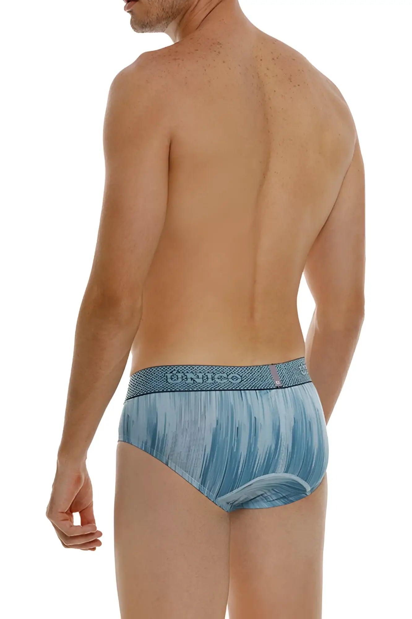 Unico 24080101112 hilada briefs in blue with a textured waistband featuring the dunno brand name pattern