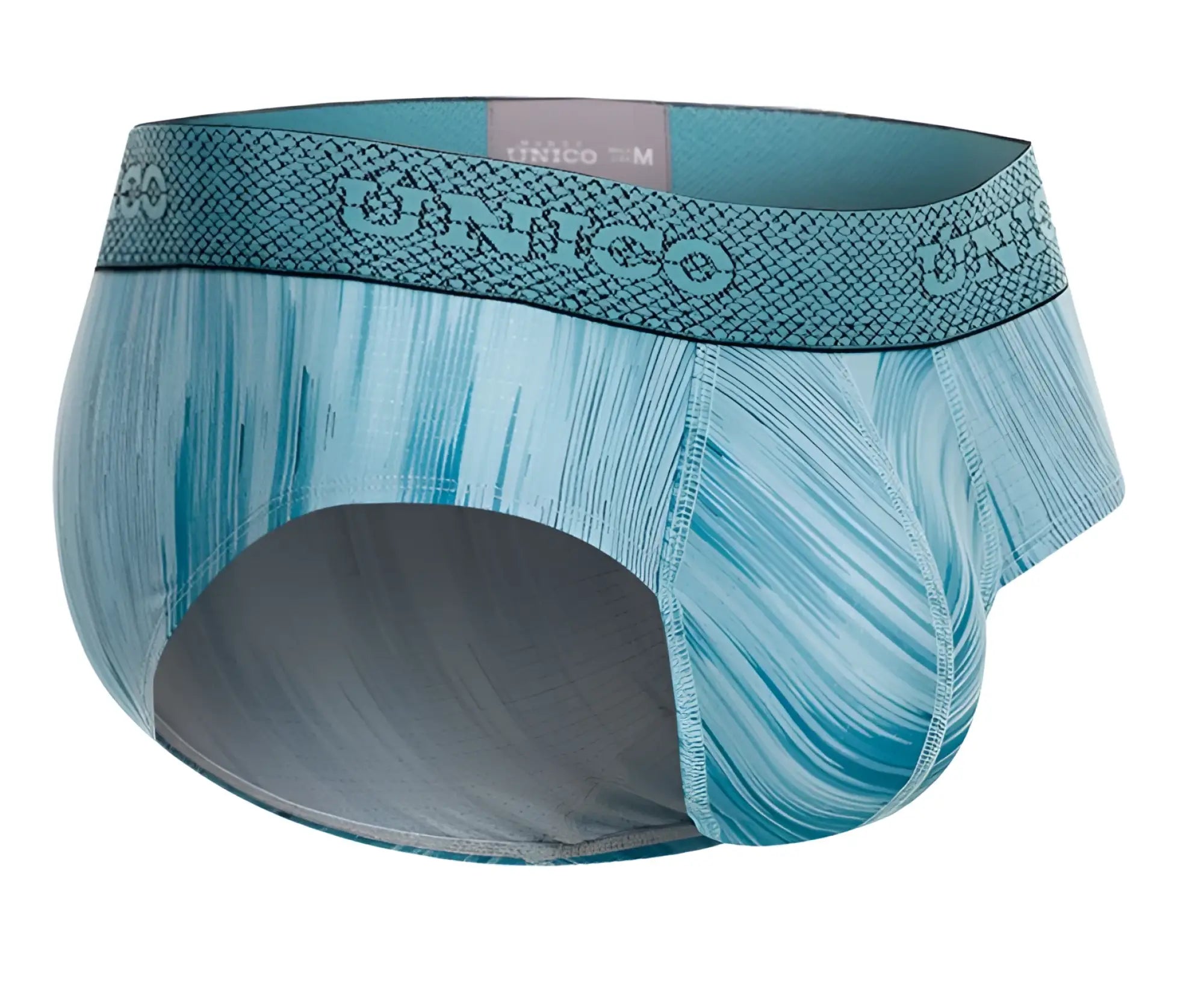 Teal and gray patterned unico 24080101112 hilada men’s briefs with a textured waistband in color 43-blue