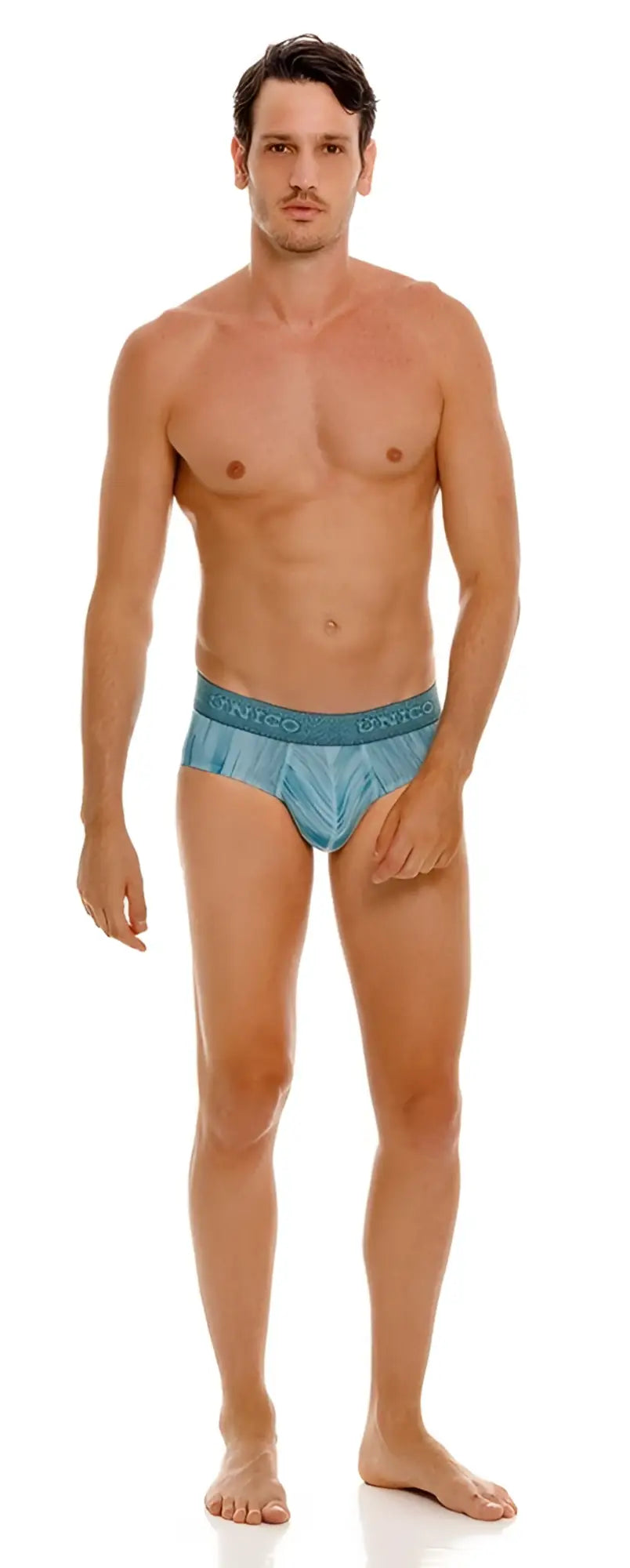 Teal patterned Unico 24080101112 Hilada briefs with branded waistband in blue cotton fabric front view