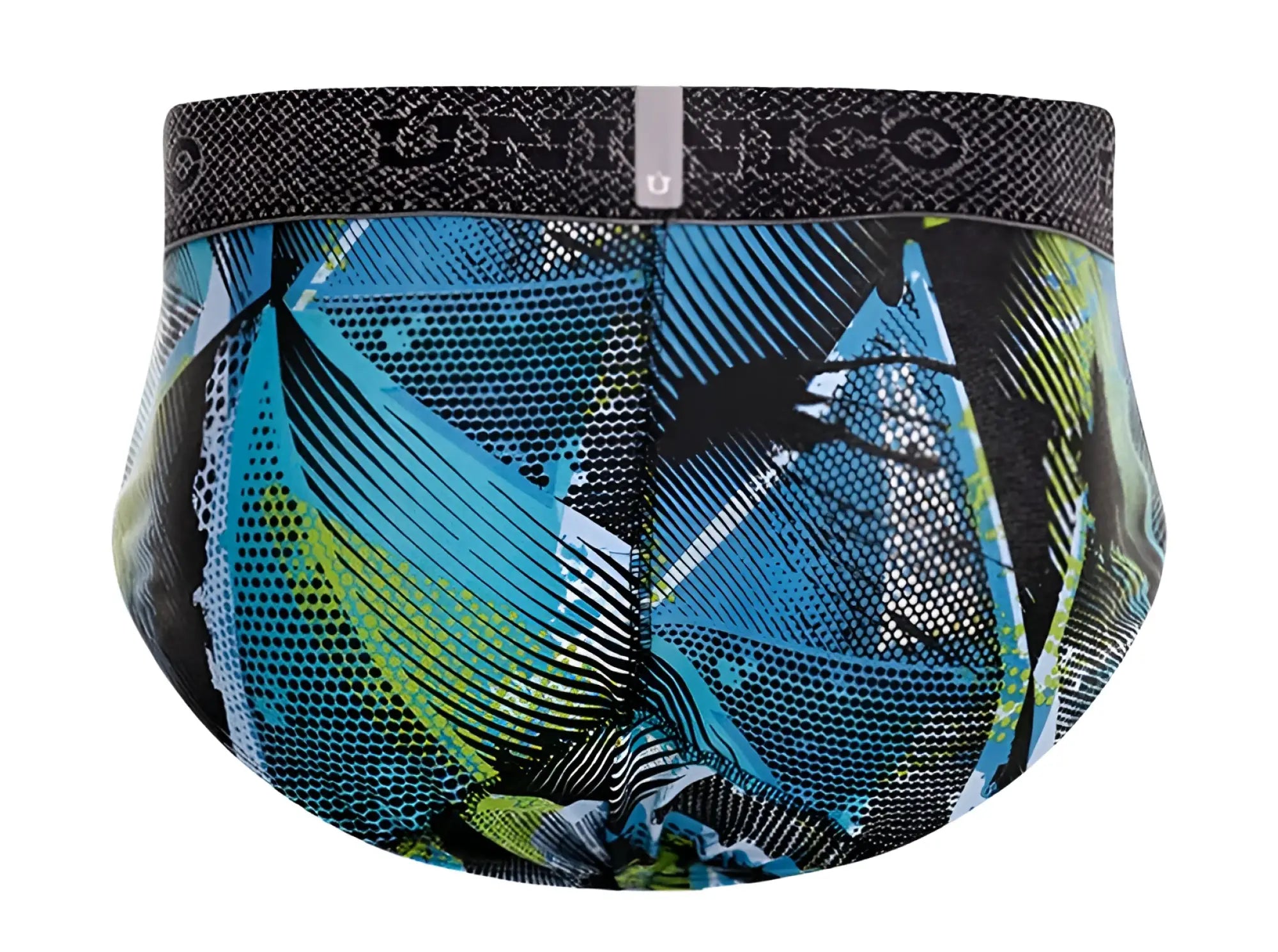 Unico 24080101117 Trino briefs in blue and green abstract pattern with black elastic waistband and unico logo