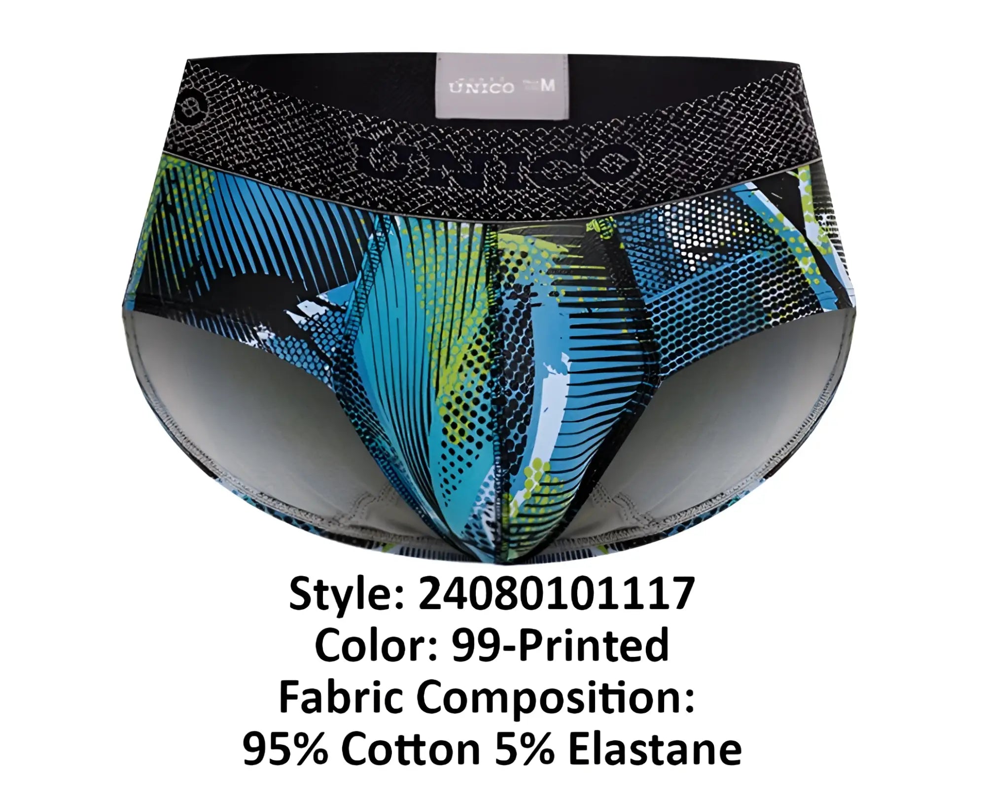 Unico 24080101117 trino briefs in blue and green patterned fabric with a black waistband featuring the brand logo
