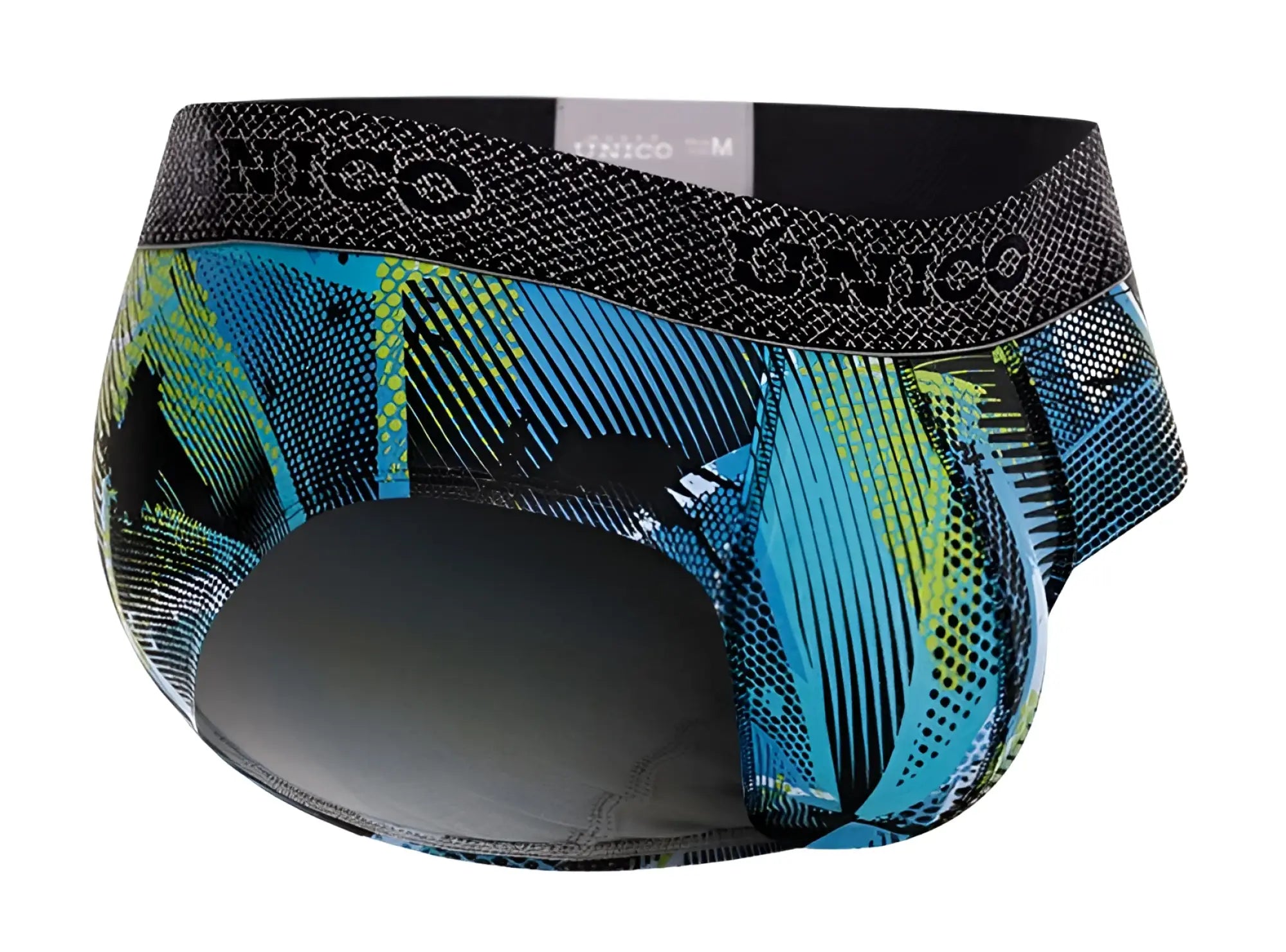 Unico 24080101117 Trino briefs in blue and green patterned fabric with black waistband featuring Unico logo