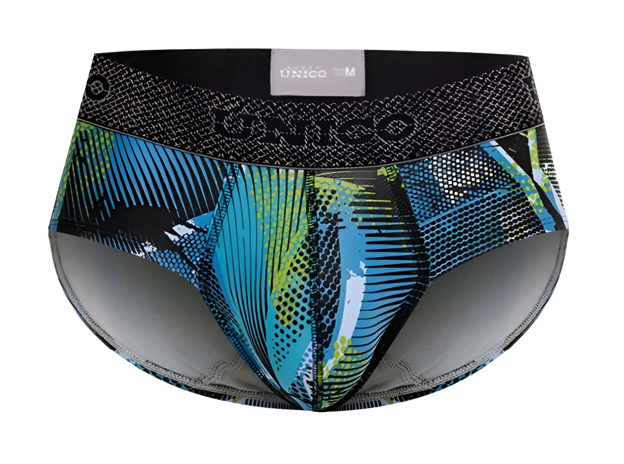 Blue and green patterned unico 24080101117 trino briefs with black waistband and brand logo for men