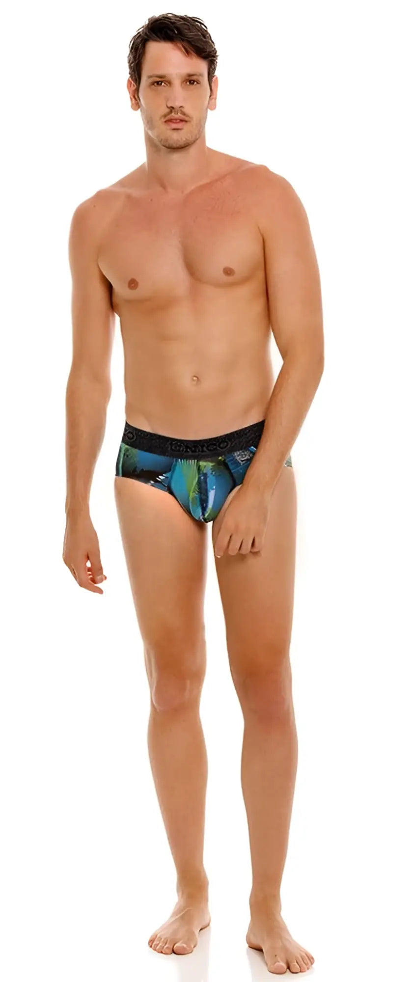 Unico 24080101117 trino briefs men’s briefs with blue and green pattern and black elastic waistband