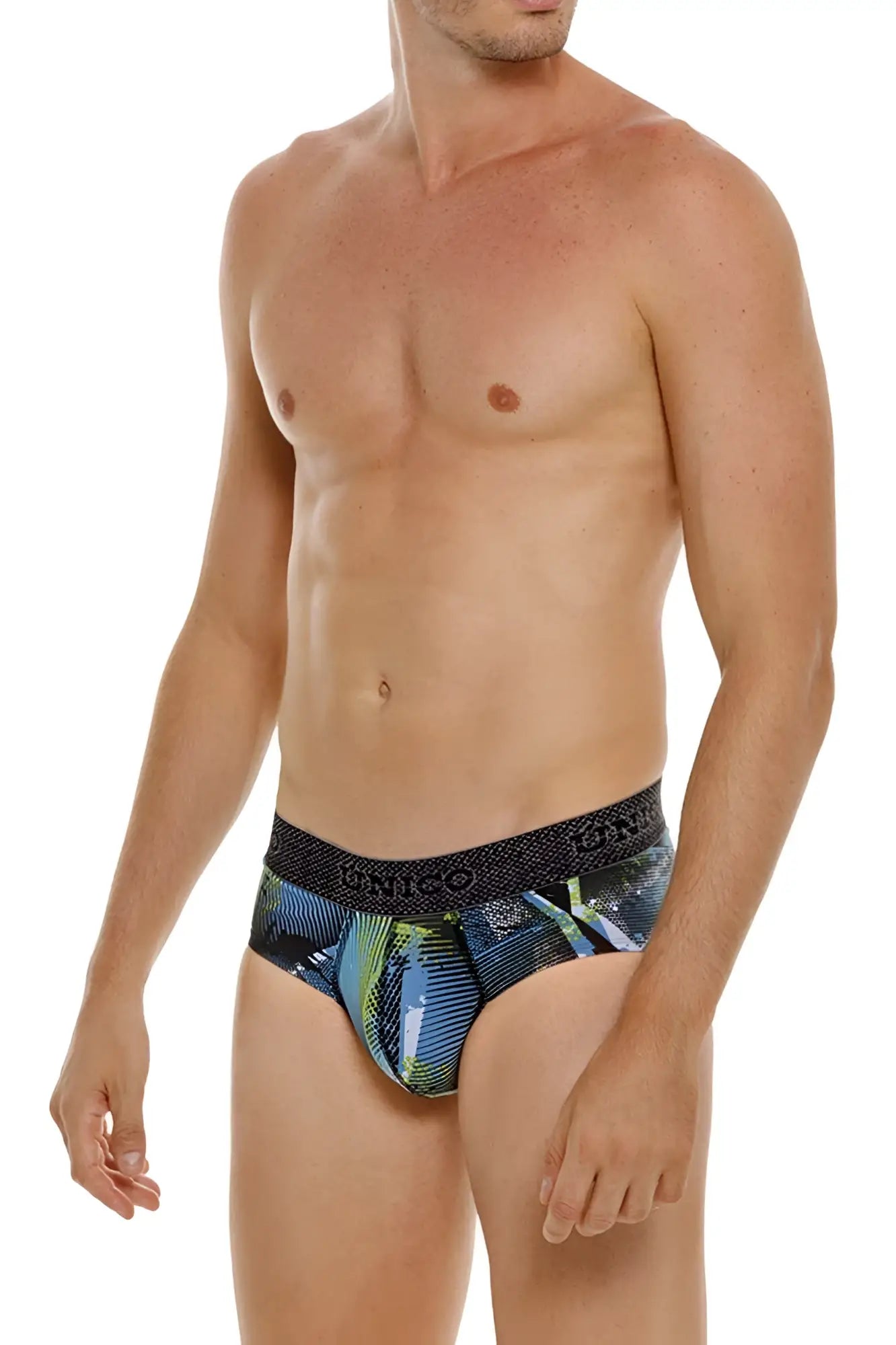 Men’s unico 24080101117 trino briefs in blue and green pattern with black ignicio waistband and printed design