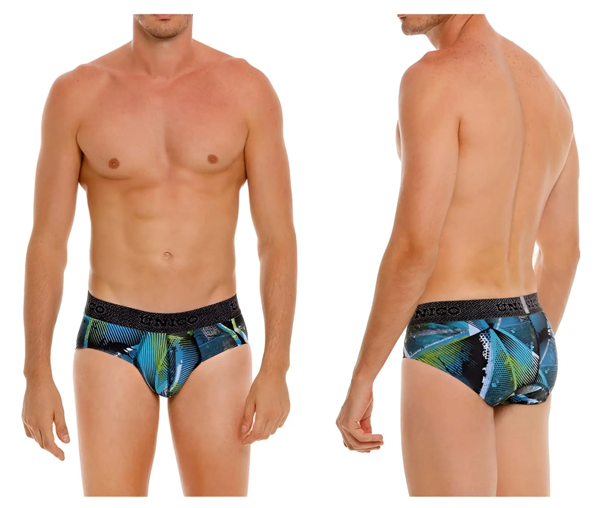 Unico 24080101117 Trino briefs men’s blue and green tropical leaf pattern with black elastic waistband