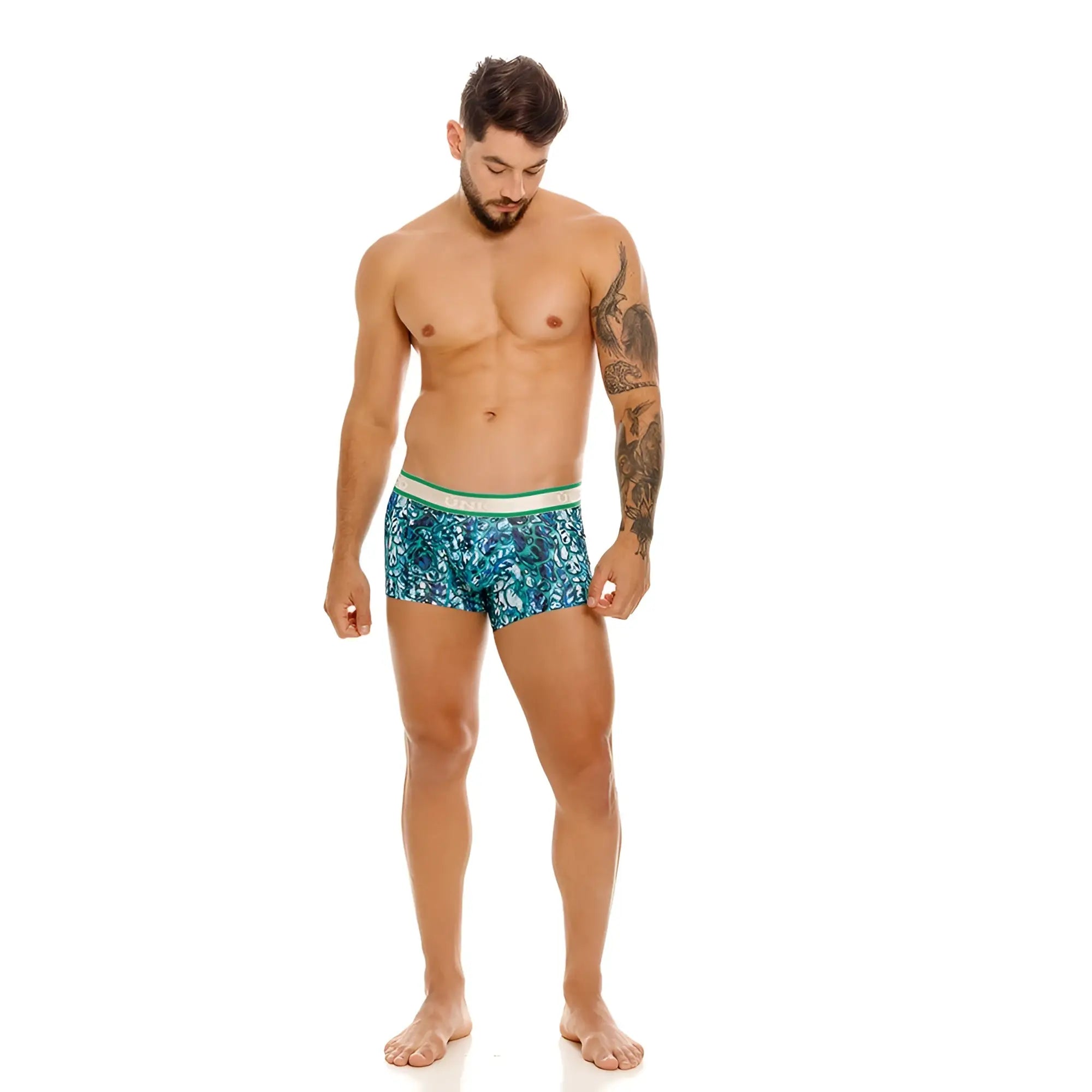 Men’s unico 24100100101 titanico trunks teal and green patterned boxer briefs with white waistband front view