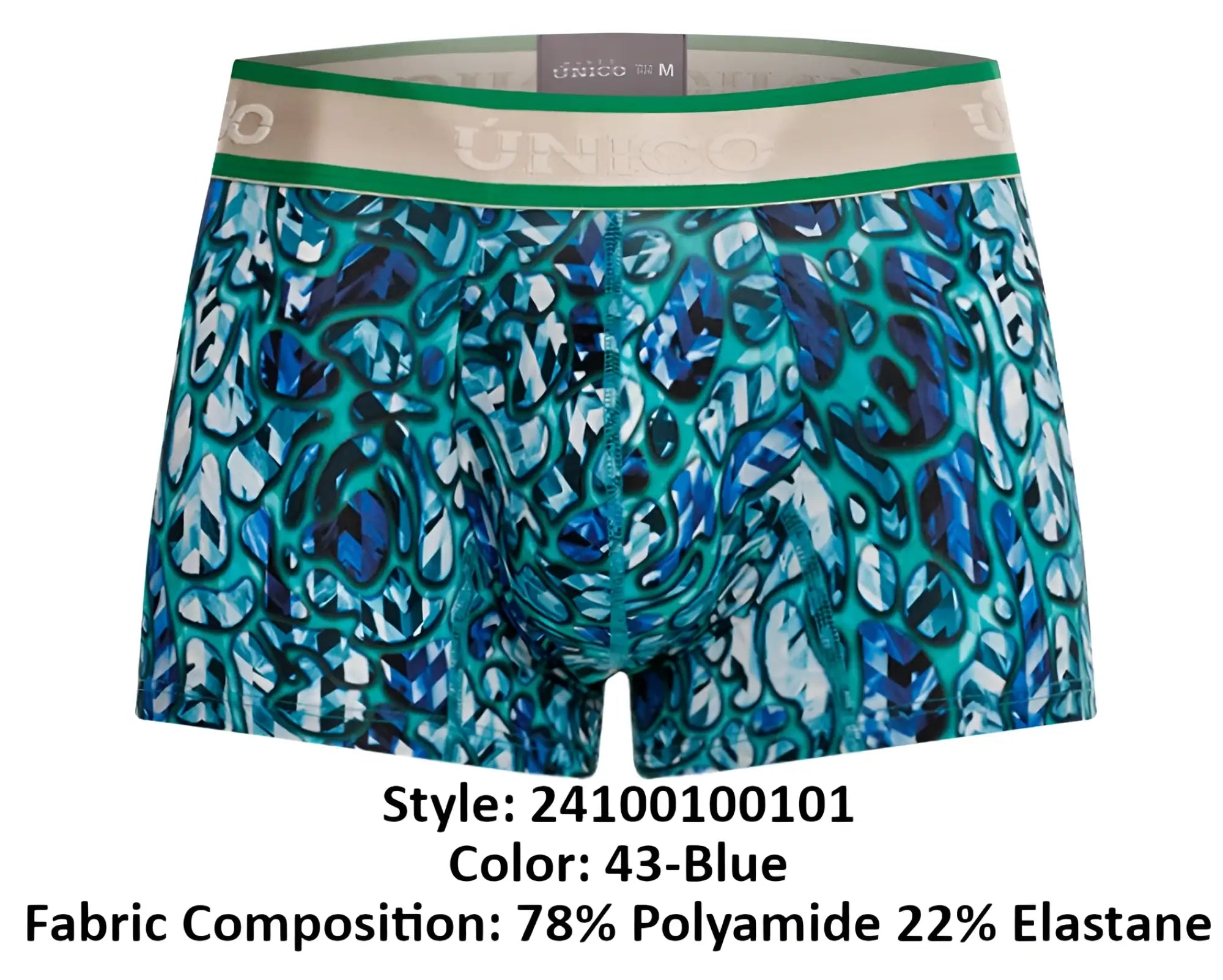 Unico 24100100101 titanico trunks blue boxer briefs with teal and navy leaf pattern and green beige waistband