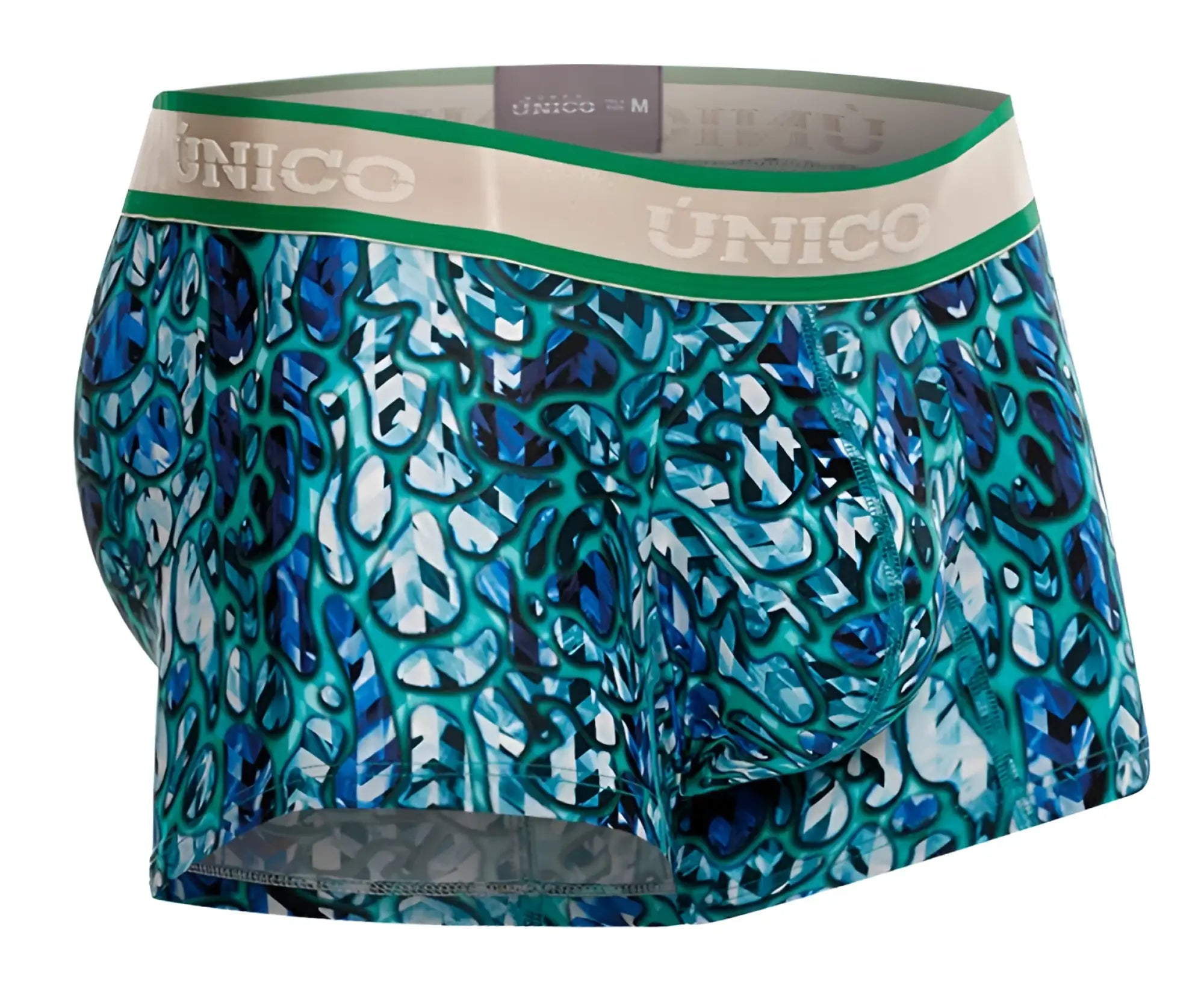 Teal and blue abstract patterned unico mens boxer briefs with green and beige waistband unico 24100100101 titanico trunks