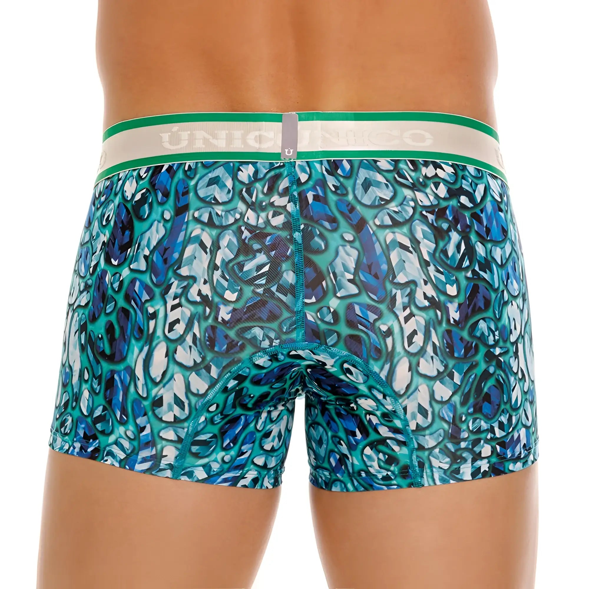 Unico 24100100101 Titanico trunks in teal and blue abstract pattern with green and white unico waistband