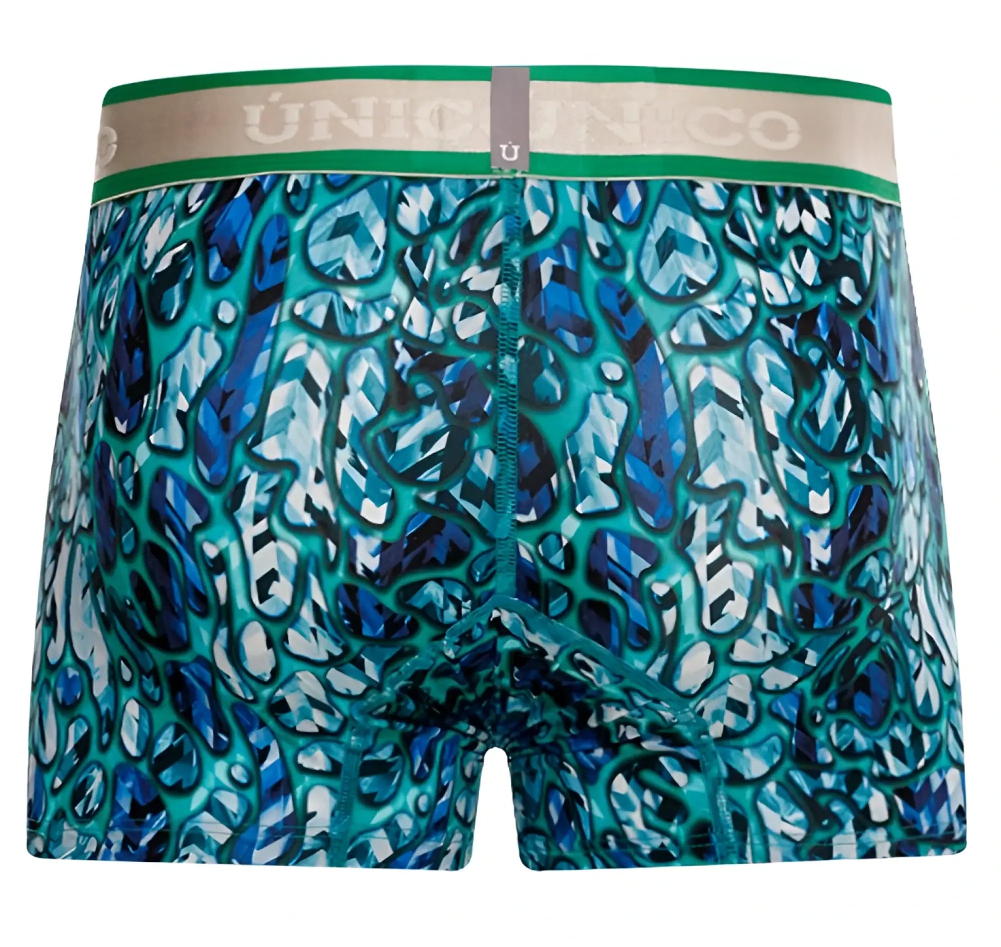 Teal and blue abstract patterned unico titanico trunks with green waistband for comfortable everyday wear