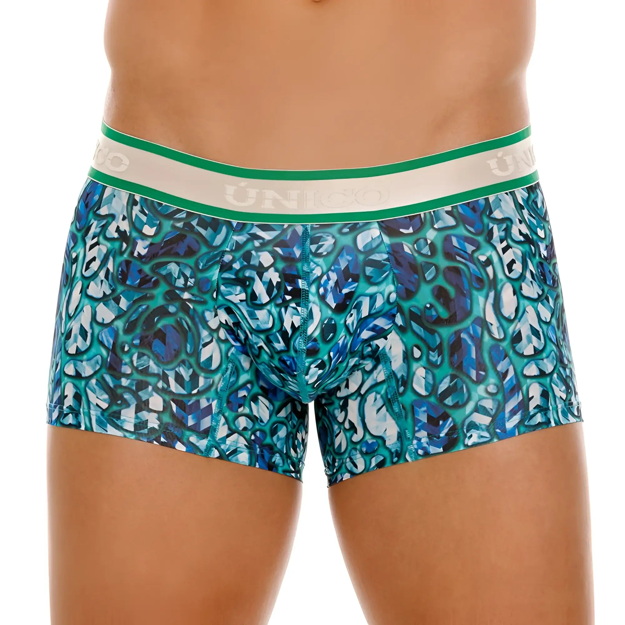 Teal and blue geometric-patterned uniko 24100100101 titanico trunks with green and white elastic waistband boxer briefs