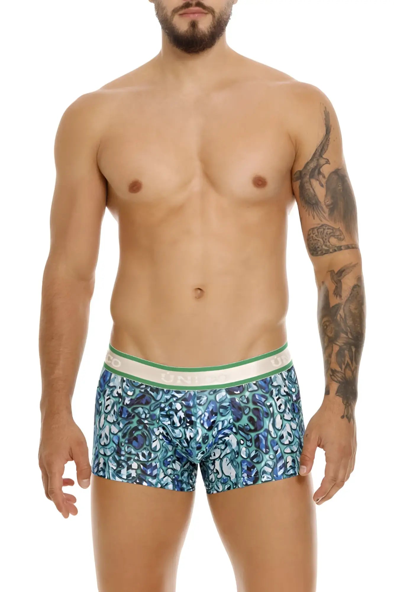 Unico 24100100101 titanico trunks are blue and white paisley men’s boxer briefs with a green and white waistband