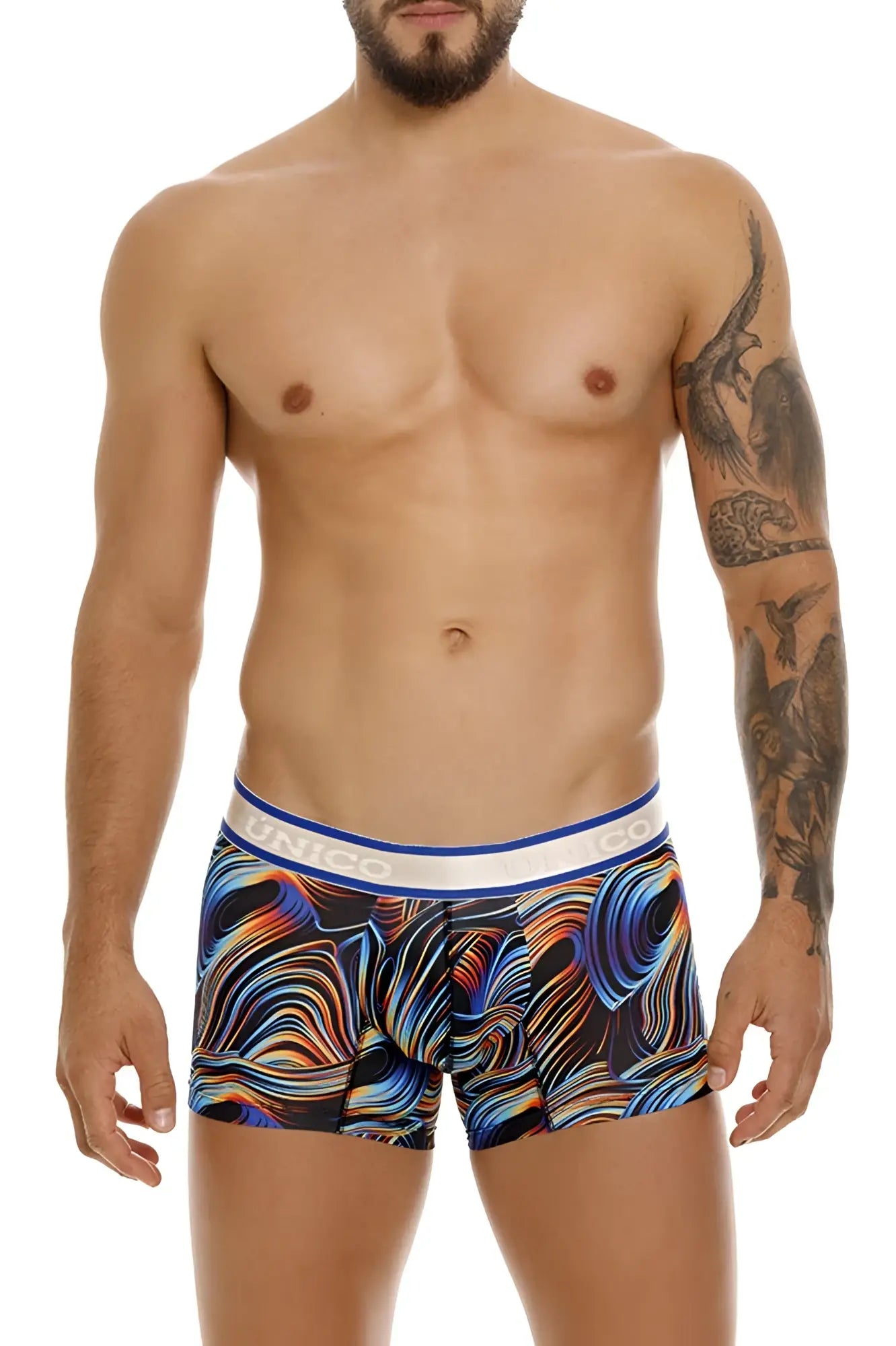 Men’s boxer briefs unico 24100100104 calamo trunks color 99-black with vibrant blue orange purple abstract pattern and white waistband