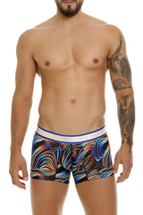 Men’s boxer briefs unico 24100100104 calamo trunks color 99-black with vibrant blue orange purple abstract pattern and white waistband