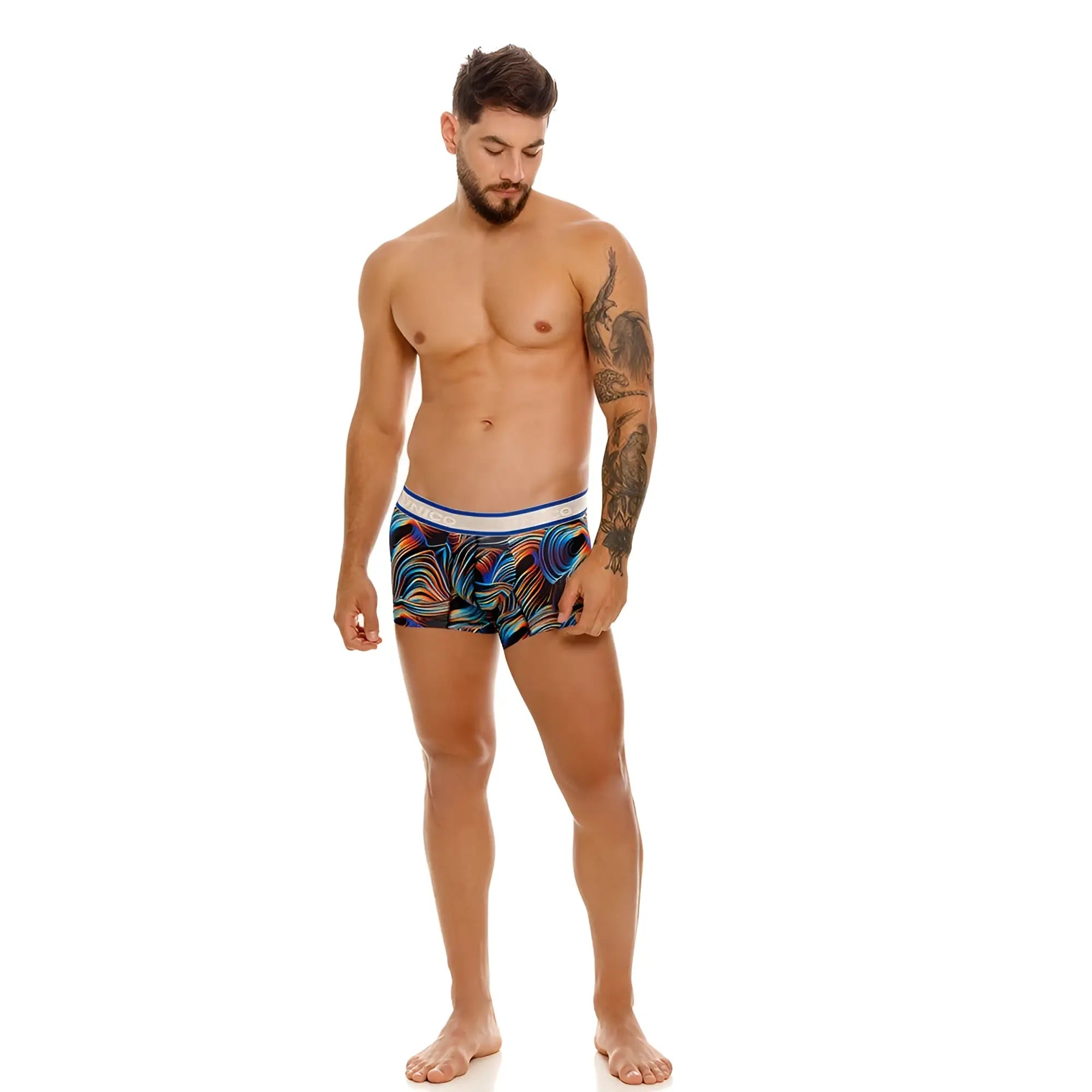 Men’s unico 24100100104 calamo trunks boxer briefs with vibrant abstract wave pattern in blues oranges and purples