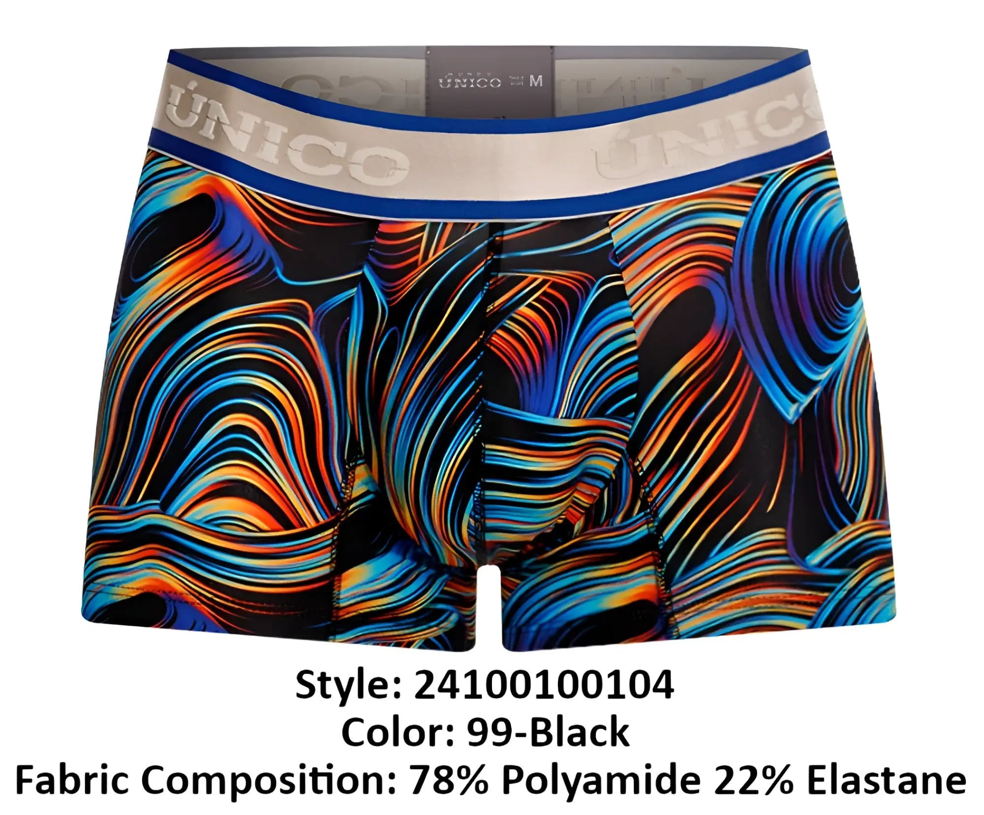 Vibrant swirling abstract patterned unico calamo trunks in black with bold blue orange and red streaks on stretchy fabric waistband