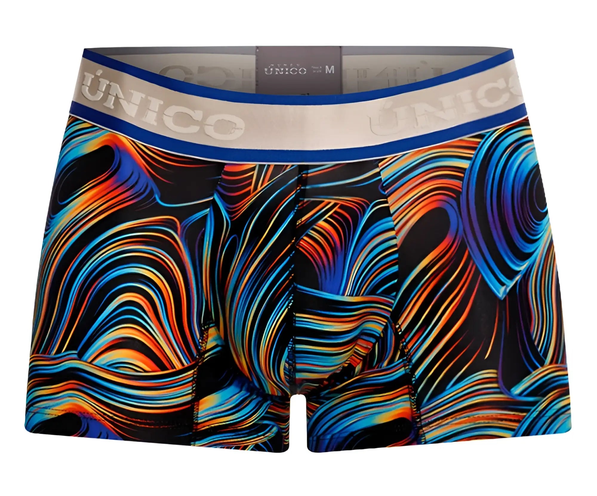 Unico calamo trunks mens boxer briefs with vibrant blue orange yellow swirl pattern and branded elastic waistband