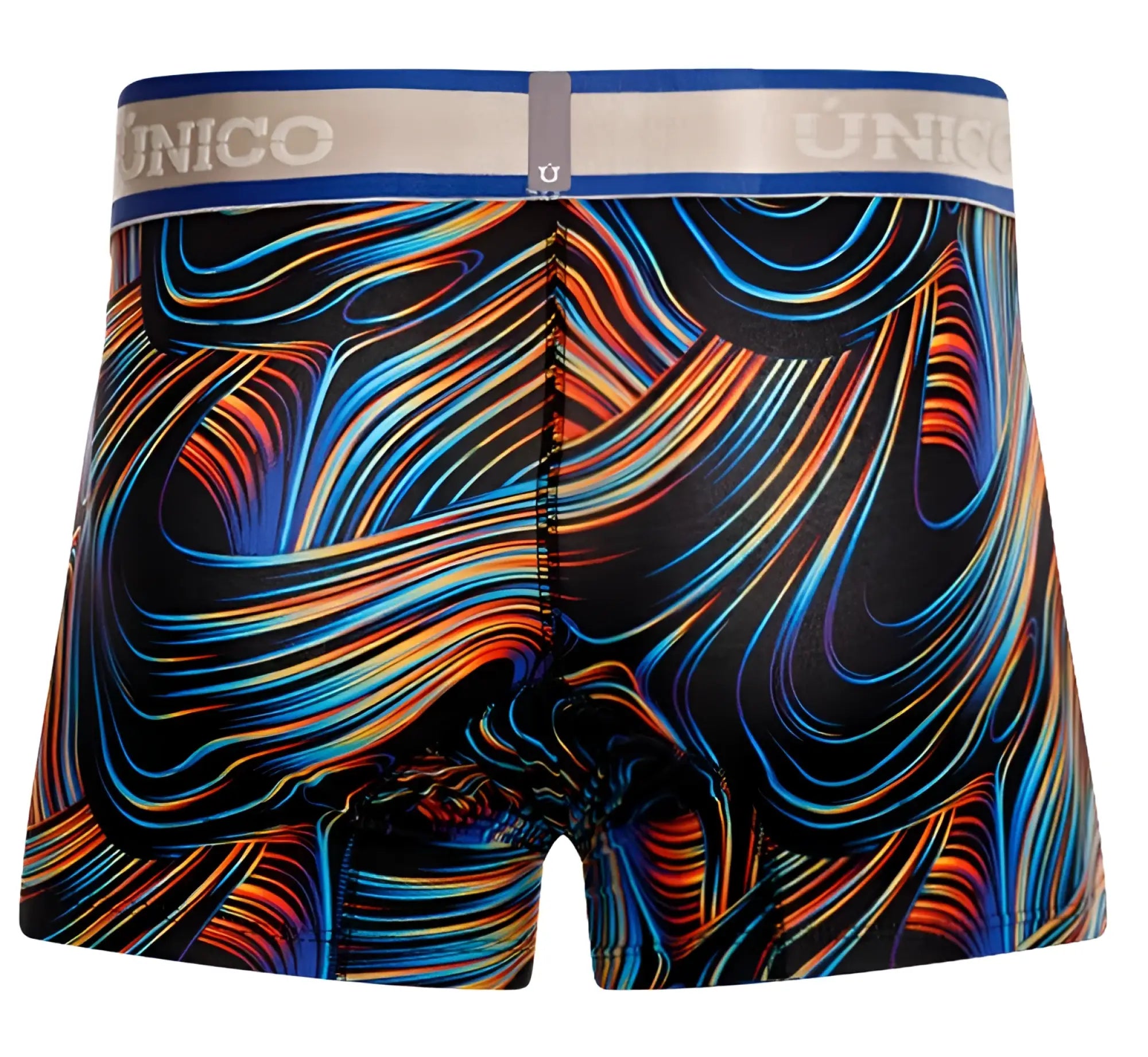 Unico 24100100104 Calamo trunks in vibrant blue orange and red swirl-patterned men’s boxer briefs on black background
