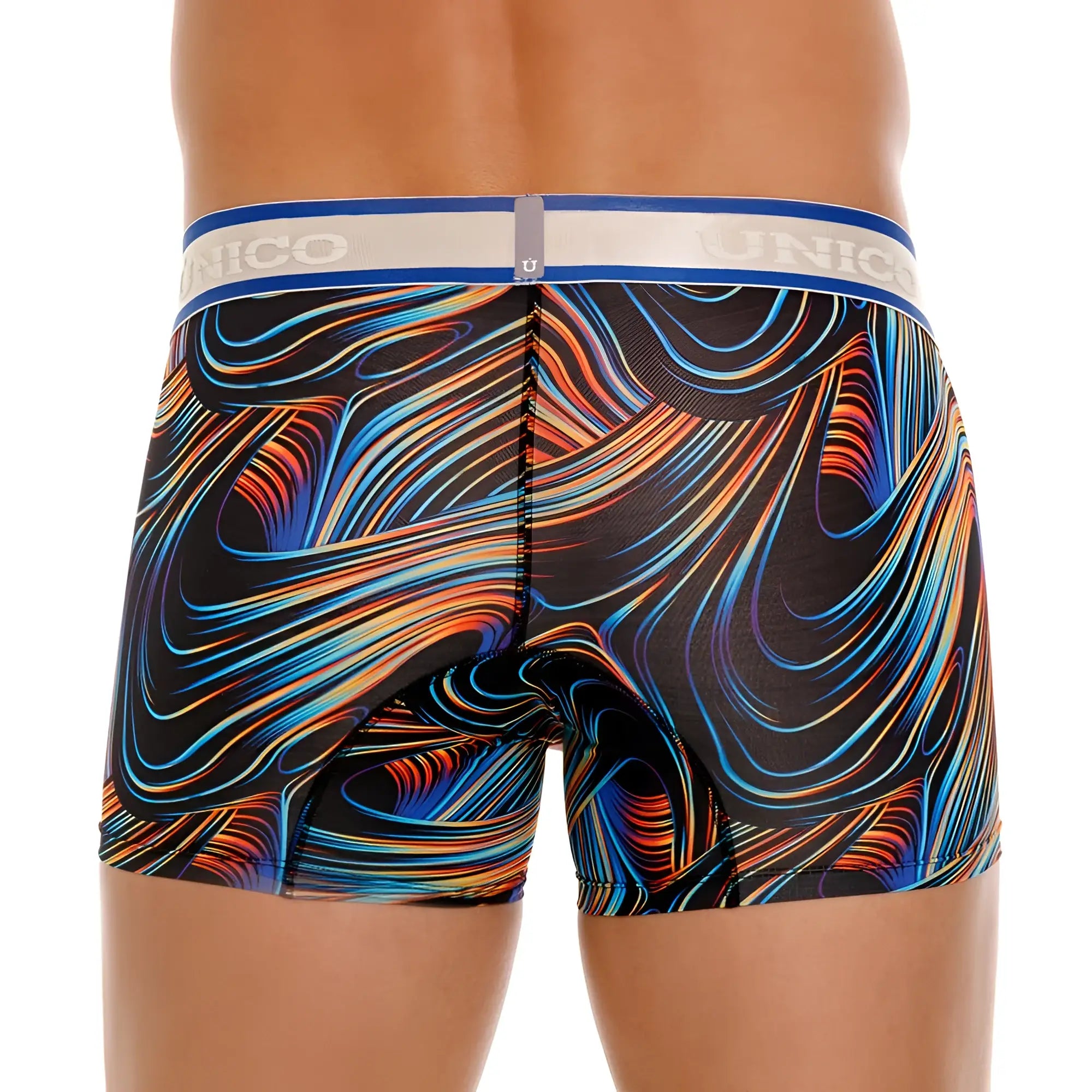 Vibrant abstract swirl patterned unico 24100100104 calamo trunks in black blue orange and red with white blue waistband