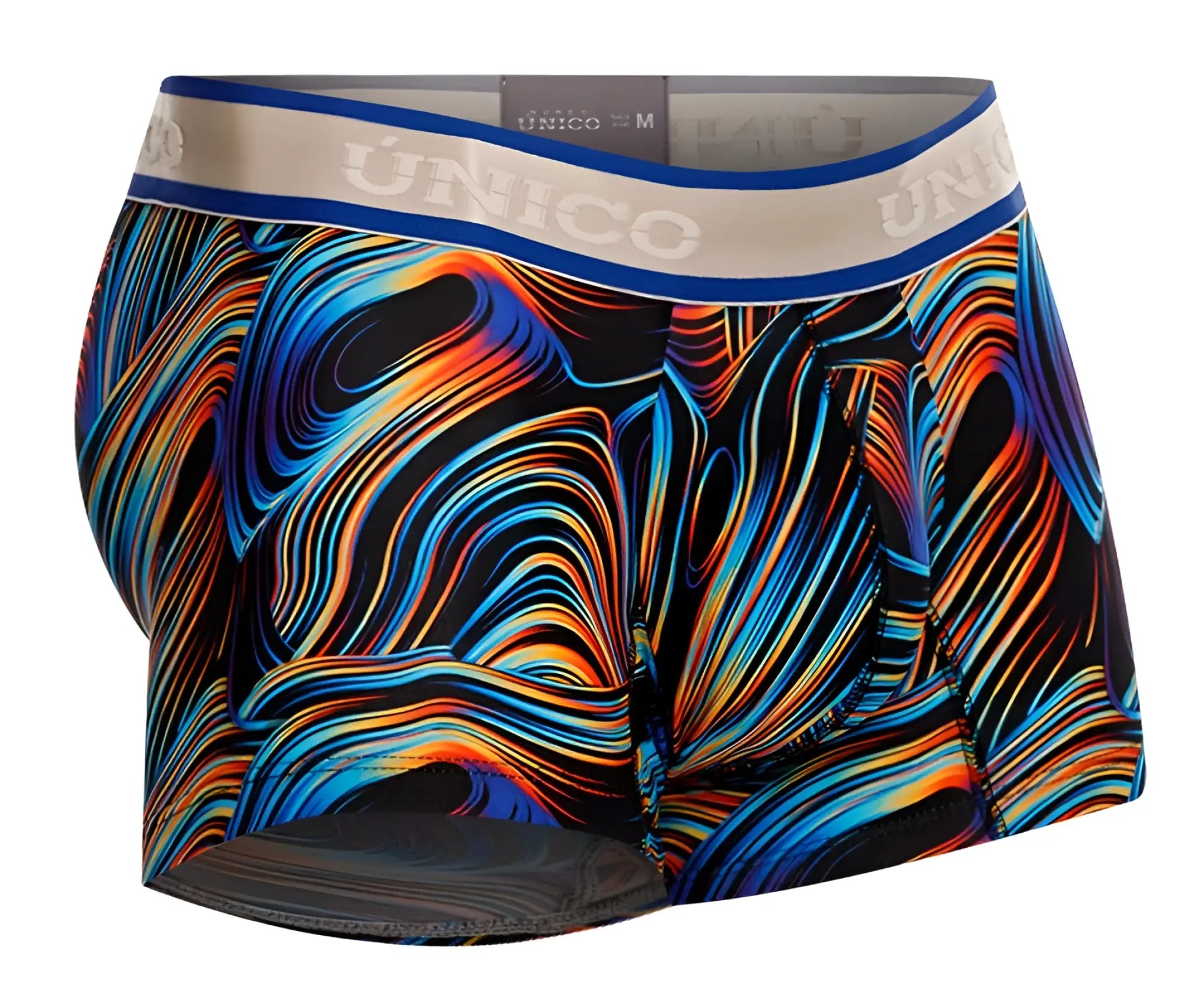 Vibrant unico 24100100104 calamo trunks men’s boxer briefs with bold blue orange black swirl pattern and beige waistband
