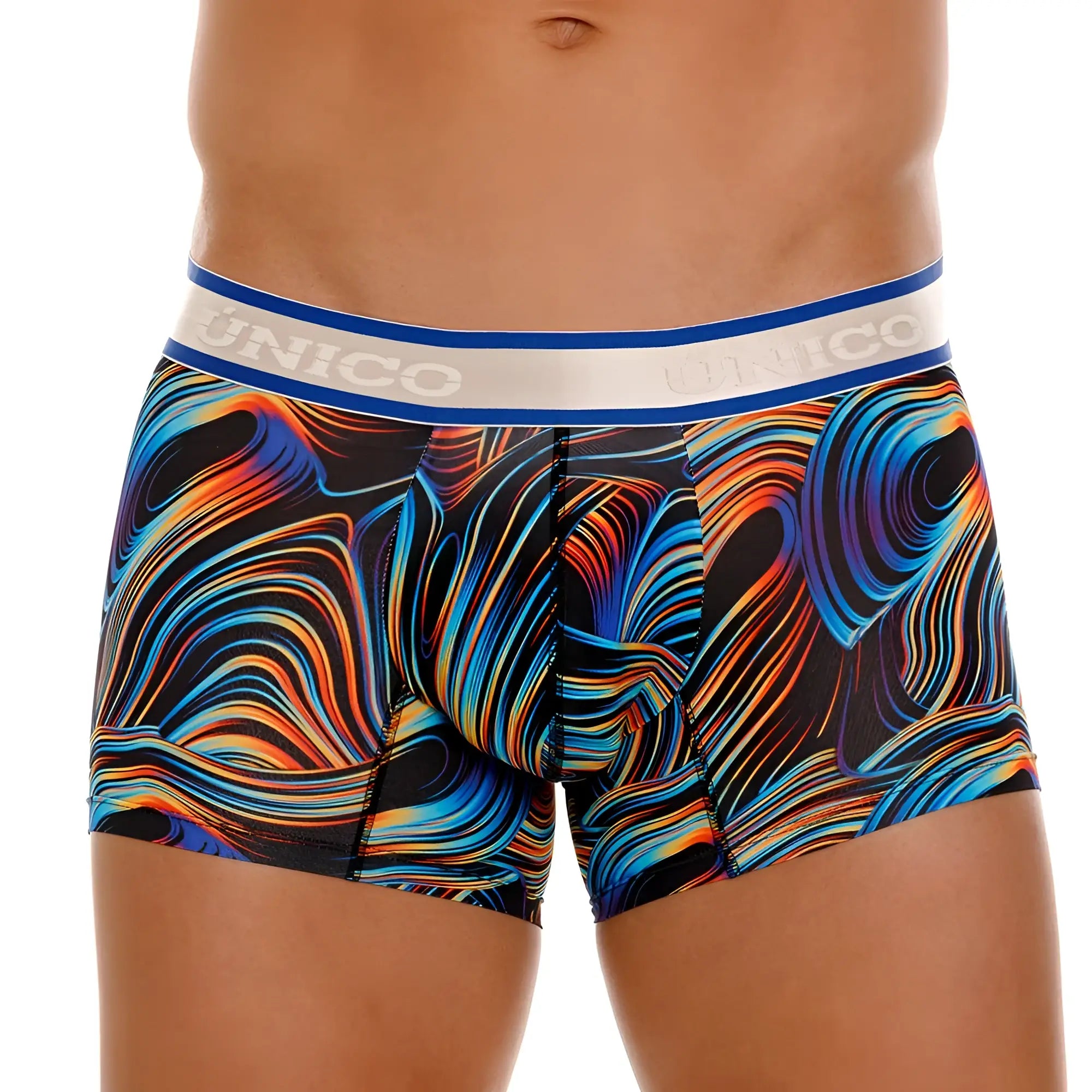 Unico 24100100104 Calamo trunks vibrant swirl-patterned men’s boxer briefs in blue orange yellow on black with white blue waistband