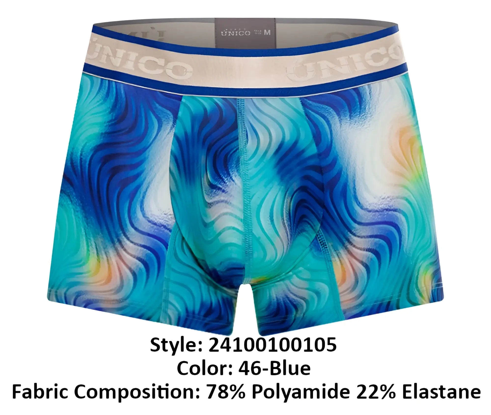 Unico 24100100105 moscatel trunks boxer briefs with blue and teal abstract waves and branded elastic waistband