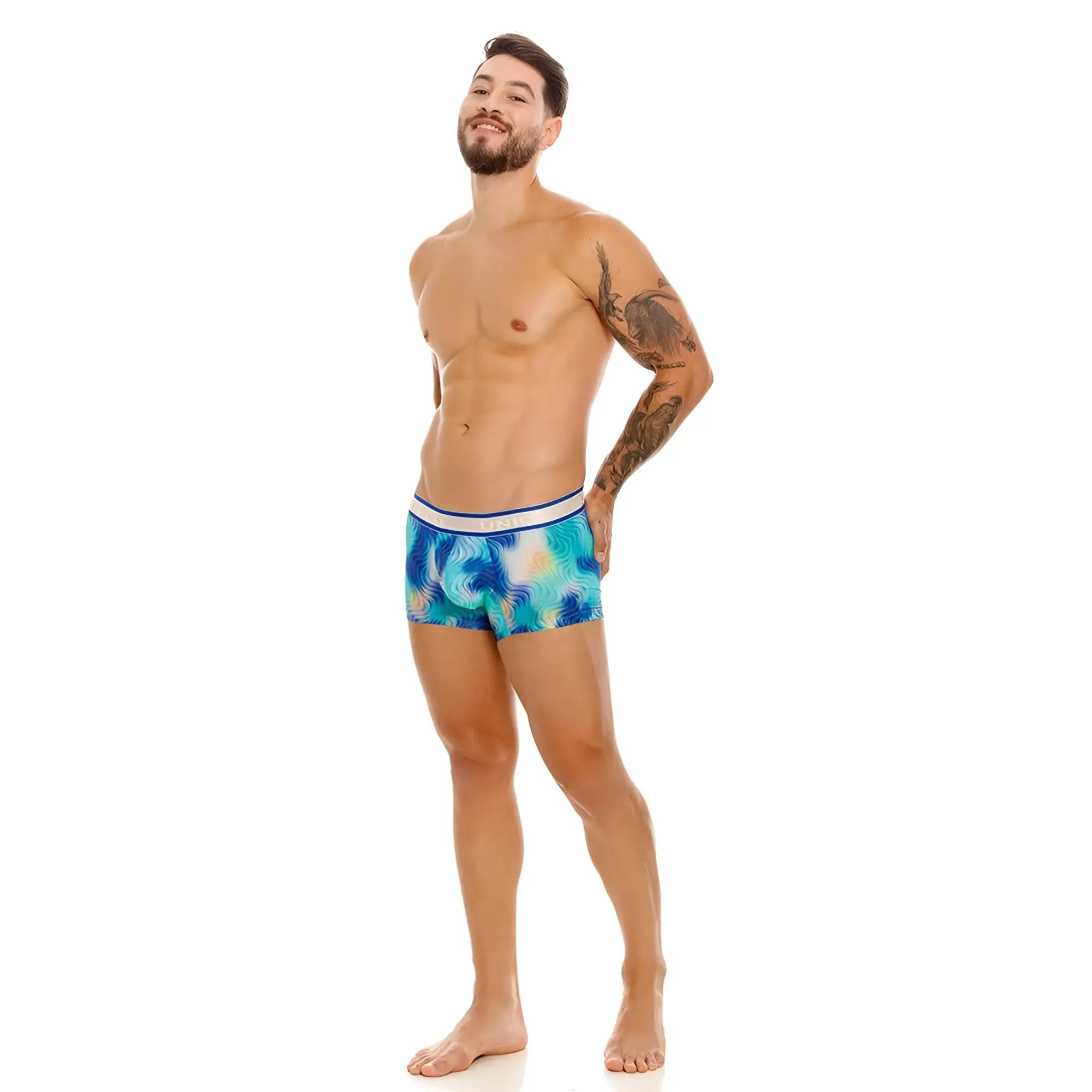 Unico 24100100105 Moscatel trunks blue boxer briefs with teal pattern and white waistband for comfortable wear